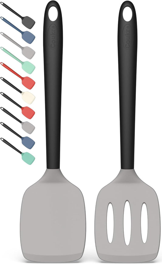 Coukre 2 Pack Silicone Spatula Set, High Heat Resistant, BPA Free Kitchen Spatula, Solid & Slotted Turner for Non-Stick Pans, Saut?ing, and Flipping (2, Gray)