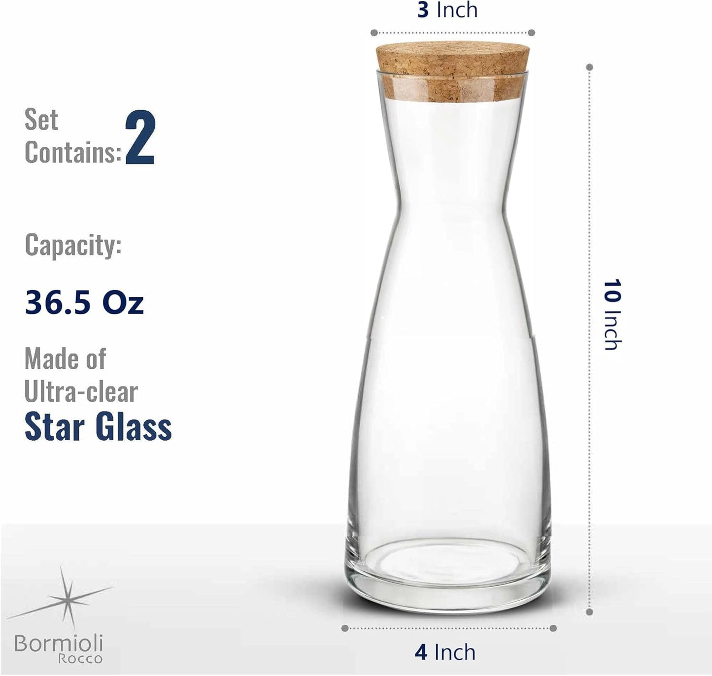 Bormioli Rocco Ypsilon Carafe Set with Cork Lids, Set of 2-36.25 oz Stylish Drink Set for Water, Milk, Juice, or Wine - Dishwasher Safe Modern Glassware for Dining & Entertaining