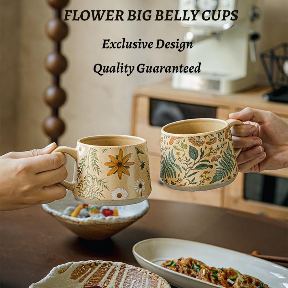 Floral Coffee Cup, 12oz Ceramic Hand Painted Porcelain Mug with Premium Gold Spoon, Cup for Cappuccino, Macchiato, Latte, Cafe, Tea, Unique Gift Idea (Graceful Daisies)