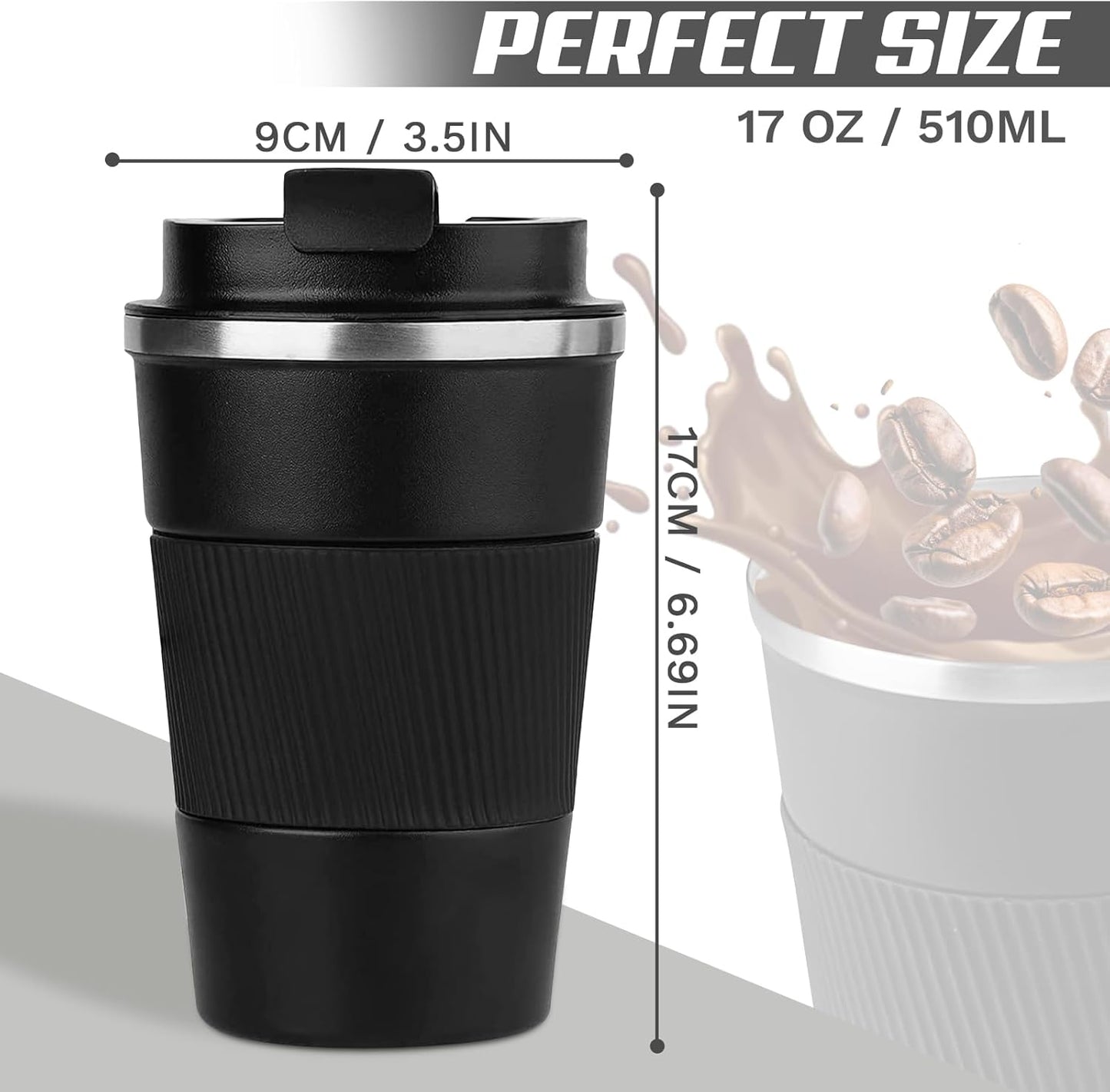 Vacuum-Insulated Stainless Steel Travel Coffee Mug, Leak-Proof Reusable Coffee Cup with Lid - Keep Hot & Cold Drinks for Hours, Durable Thermos Tumbler for Men & Women (3rd-Black, 17OZ)