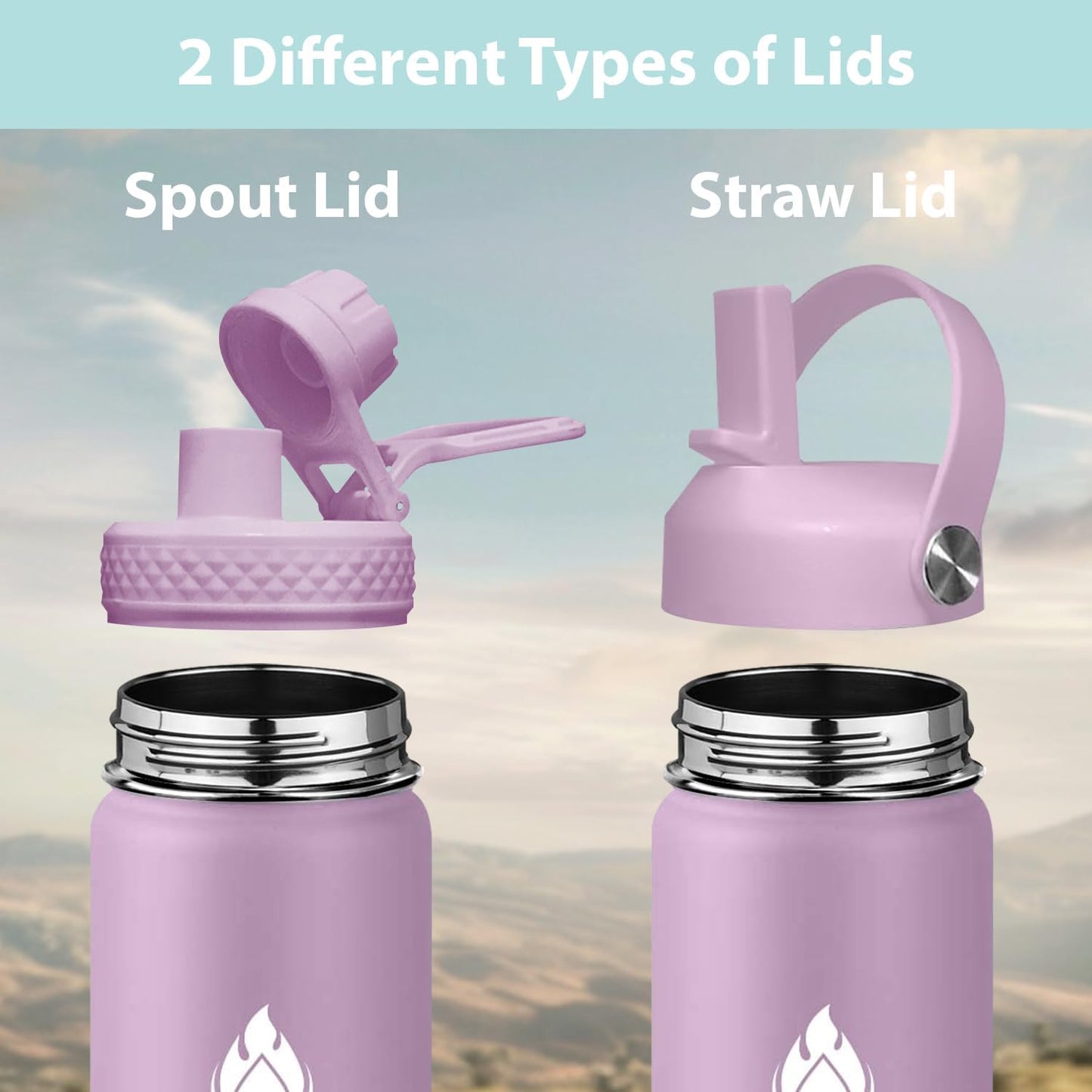 SENDESTAR Water Bottle 40oz Double Wall Vacuum Insulated Leak Proof Stainless Steel Sports Water Bottle—Wide Mouth with New Flex Straw Lid & Spout Lid (lilac)