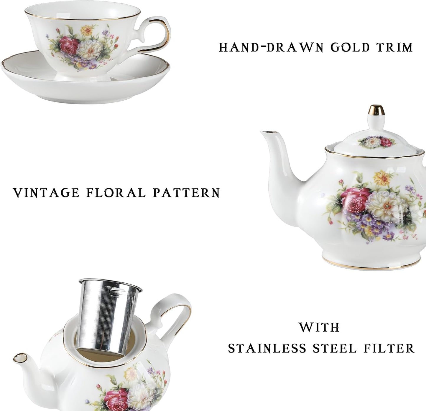 Sweejar Ceramic Teapot with Infuser, Floral Relief Gold Rimmed Teapot, 29 OZ Porcelain Tea Pot for Blooming and Loose Tea, Coffee...(Flower Style)