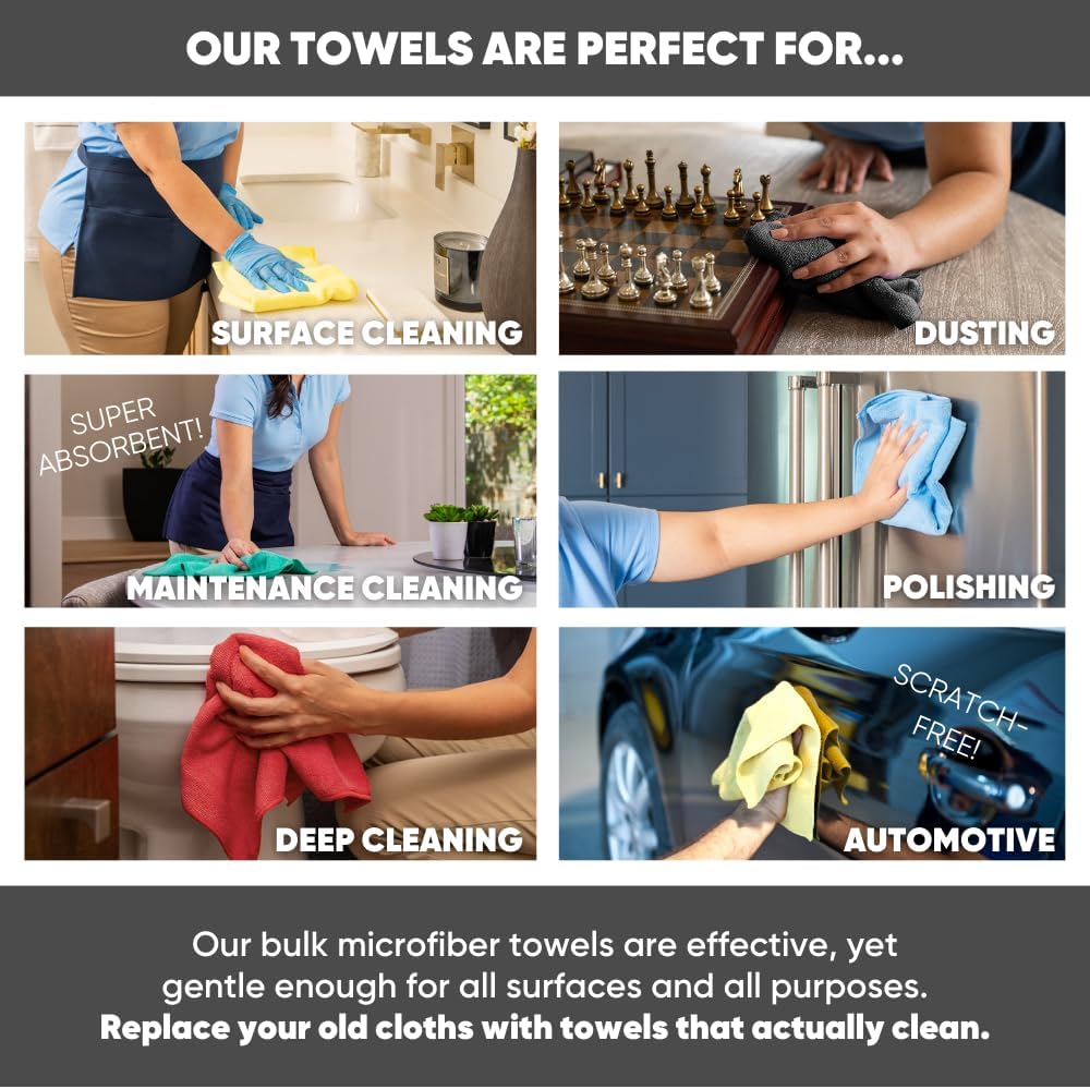 Bulk 12” X 12” All Purpose Microfiber Towels Wholesale - Case Quantity (400 Count) | No Fraying | High Density Microfiber | Zero Chemical Cleaner | Long-Lasting (Black)