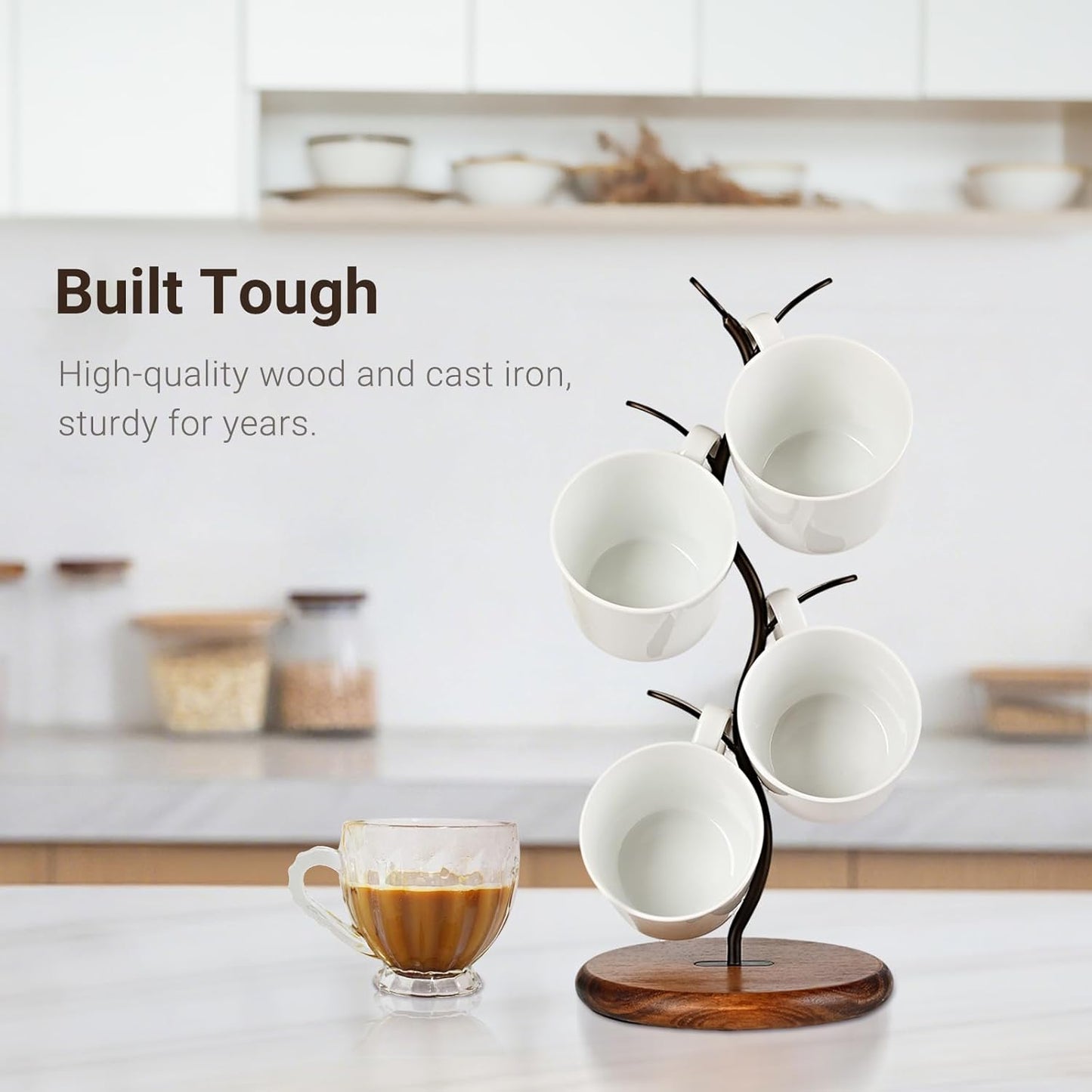 Sturdy Countertop Mug Tree with Solid Wood Base, Delicate Cast Iron Coffee Mugs Holder, Countertop Coffee Cup Holder for Large Cups, Minimalist Mug & Tea Cup Storage Rack (Set of 1)