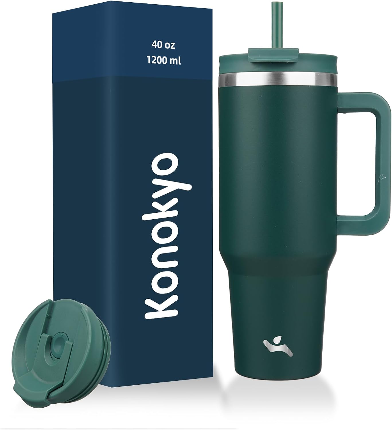 40 oz Tumbler with Handle and 2 Straws,2 in 1 Lid Insulated Water Bottle Stainless Steel Travel Coffee Mug,Dark Green