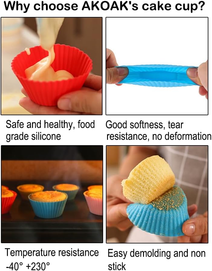 AKOAK Reusable Silicone Non-stick Baking Cups, Cake Molds, Kitchen Baking Cooking Accessories, DIY Cake Making Tools - Pack of 10 (Blue)