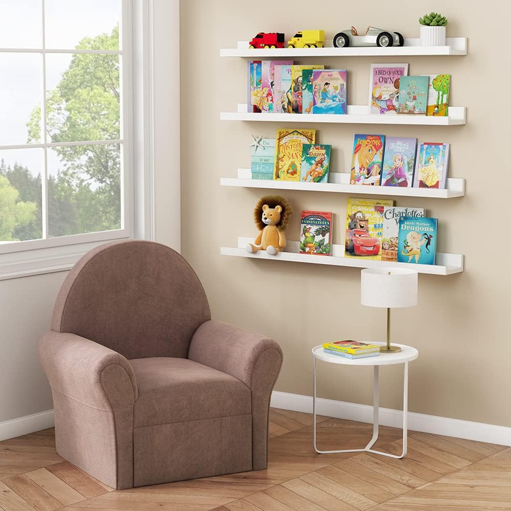 Forbena 36 Inch Floating Shelves for Wall 4-Pack, Large Nursery Book Shelves Bookshelf for Kids Bedroom, Long Picture Ledge Shelf with Lip for Living Room Photo Frames Art Display (White Solid Wood)