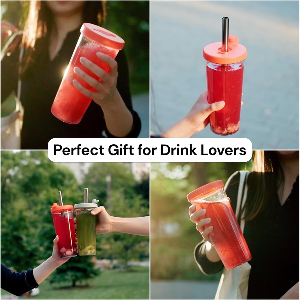 Dodoko Hot Pink Reusable Boba Tea Cup with Straw, 24 oz - Insulated BPA Free Shatterproof Tumbler for Iced Coffee, Smoothies, Cold Drinks - Dishwasher Safe, Includes Straw Cleaner