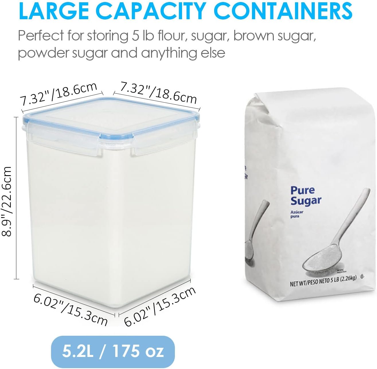 Vtopmart Large Food Storage Containers 5.2L / 175oz, 4 Pieces BPA Free Plastic Airtight Canisters for Flour, Sugar, Baking Supplies, Rice with Lids, 4 Measuring Cups and 24 Labels, Blue