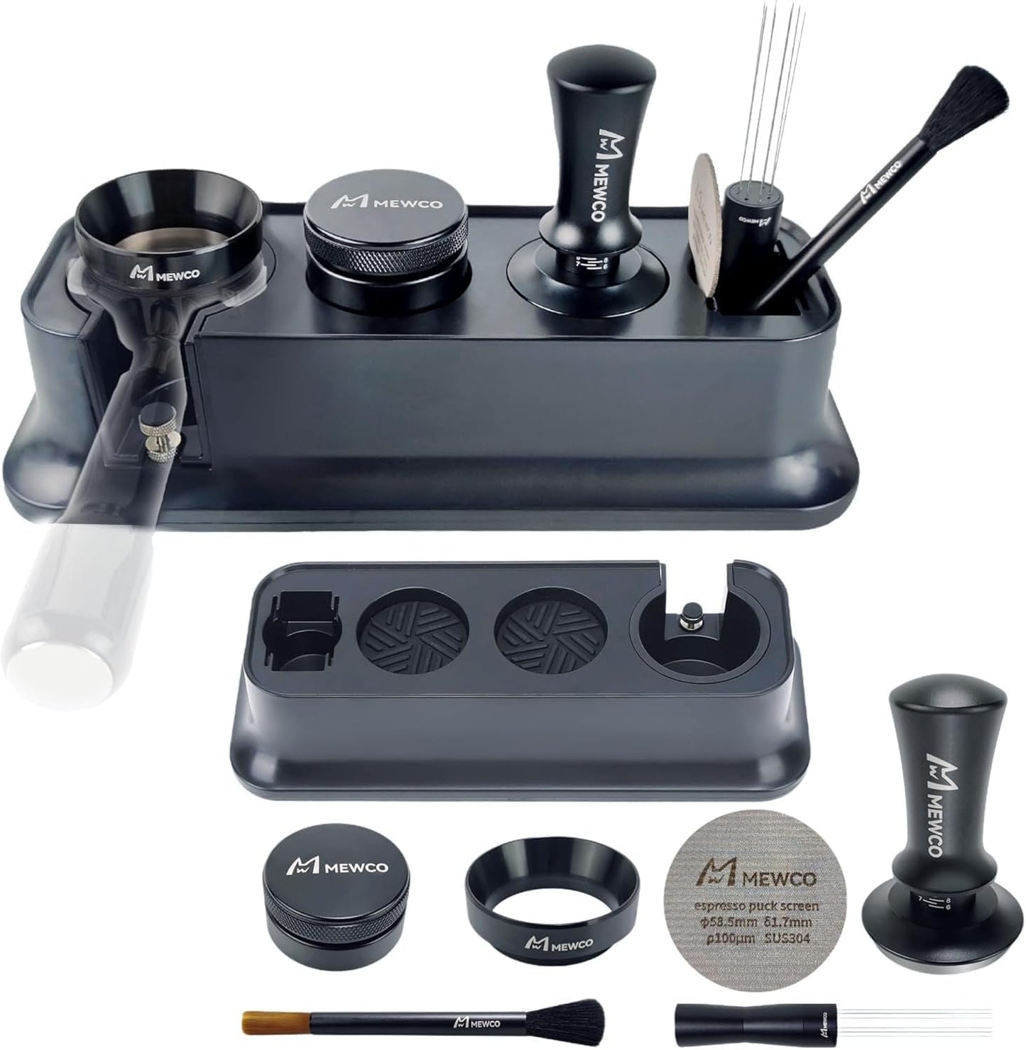 7 Pack Espresso Tamper Station&Coffee Distributor Tamper&Espresso WDT Stirrer&Coffee Tamping&Brush&Coffee Dosing Funnel&Espresso Puck Screen, Espresso Accessories for Bar Home Office (58 mm)