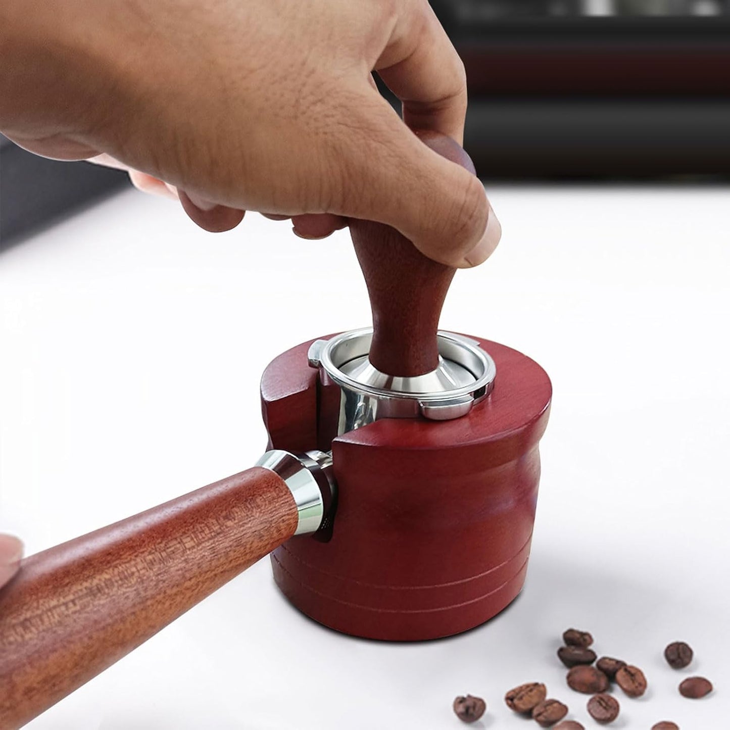Elegant Wooden Coffee Portafilter Holder Stand, Round Red Bottomless Portafilter Tamping Station for Home Bar