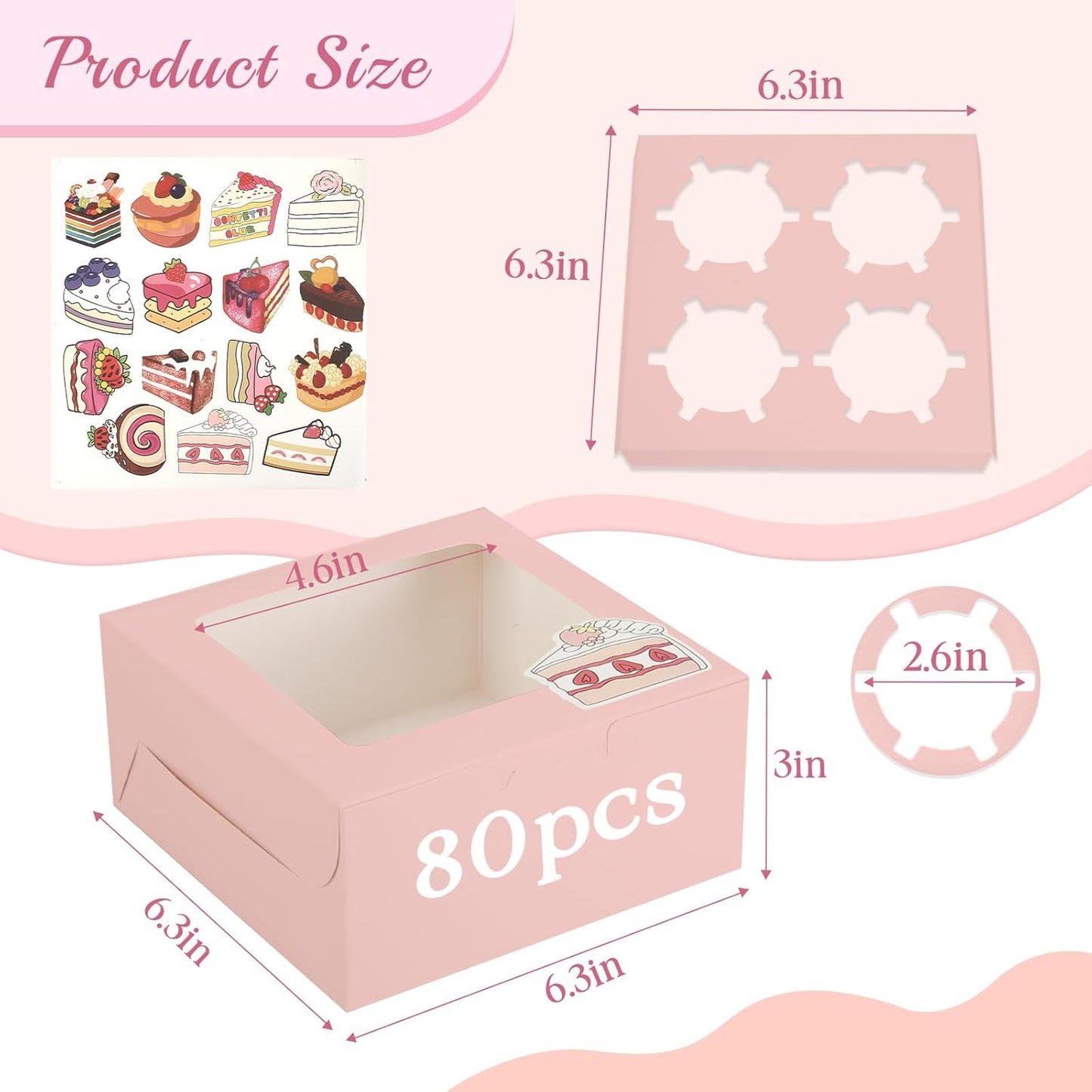OAMCEG 80 Pack Cookie Boxes with Window, 6x6x3 Inches Pink Cupcake Boxes, Bakery Treat Boxes with Stickers & Twine for Pastry, Desserts, Strawberries, Cupcakes, Gift Giving