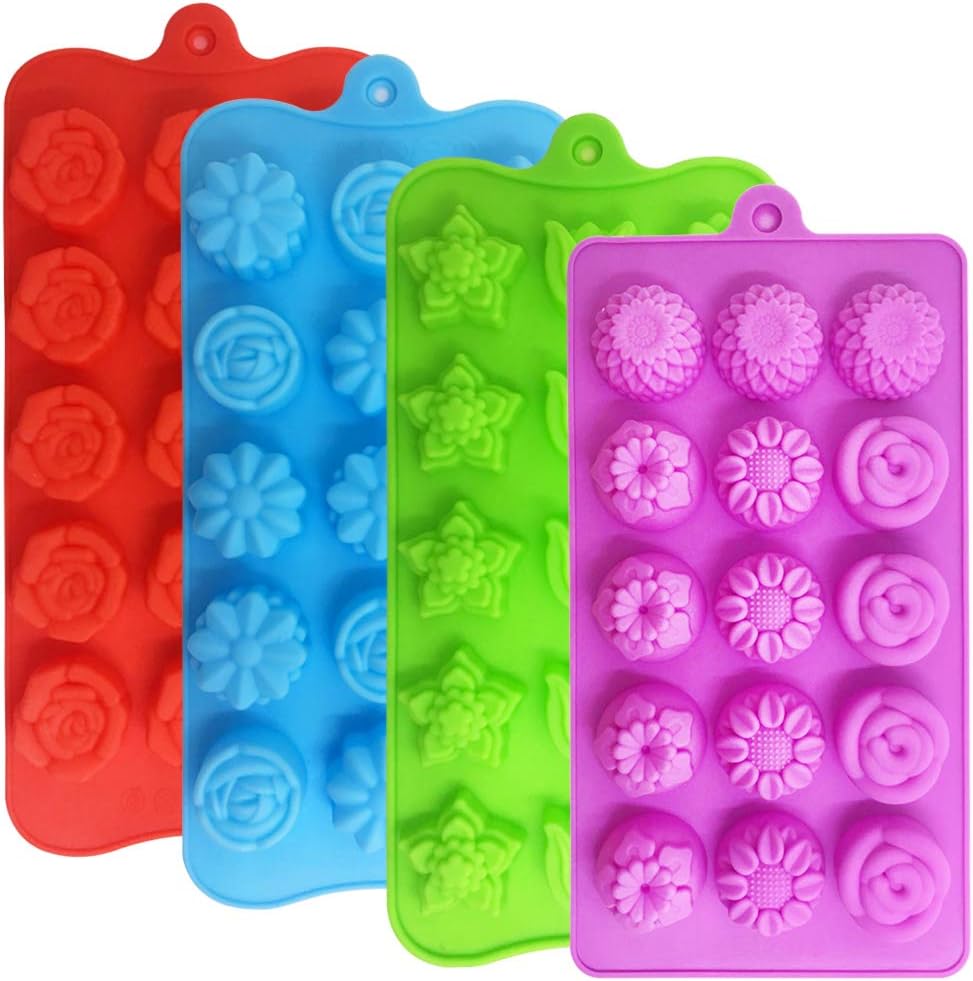 4 PACK Flower Shape Chocolate Candy Molds Set,DanziX Silicone 15 Cavity Baking Mold Ice Cube Tray for Wedding,Festival,Parties and DIY Crafts-Green,Blue,Red and Purple