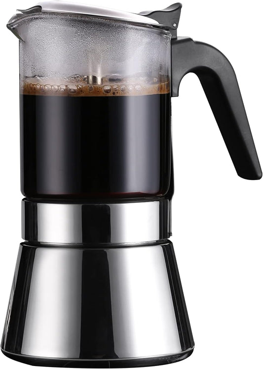 Induction Moka Pot, Crystal Glass-top & Stainless Steel Stovetop Espresso Maker,Classic Italian coffee maker (160ml)
