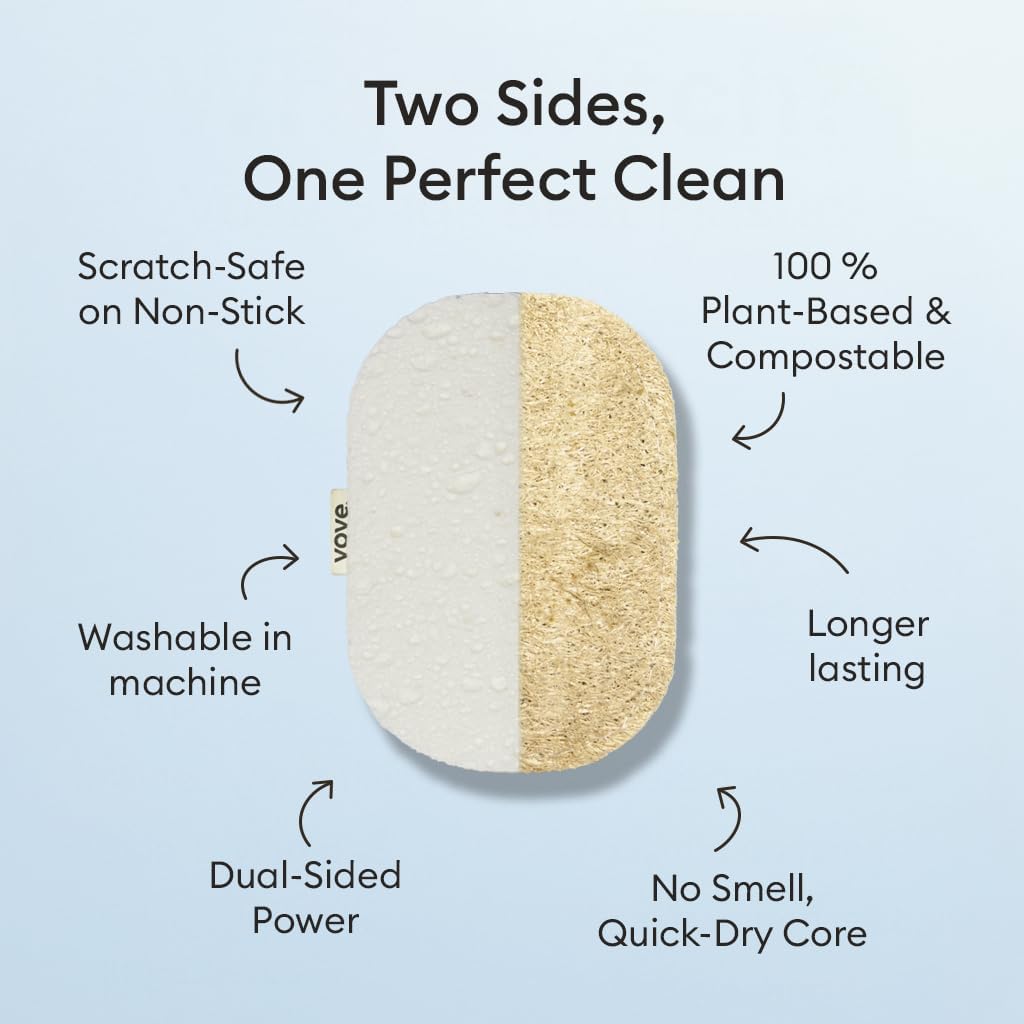 Vove Scrub Sponges 4 Pack, Cellulose & Cotton with Natural Loofah, Eco-Friendly Loofah Dish & Kitchen Sponges, Bathroom Scrubbing Pads, FSC-Certified Packaging