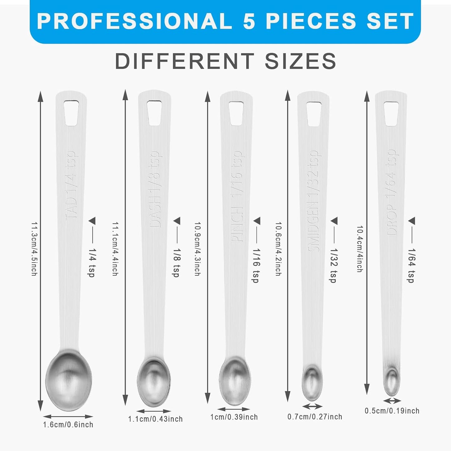 Mini Measuring Spoon Set, Heavy Duty Stainless Steel Measuring Spoons for Cooking Baking, Tablespoon Teaspoon for Dry or Liquid Ingredients, Fits in Spice Jar, 1/64 1/32 1/16 1/8 1/4 tsp