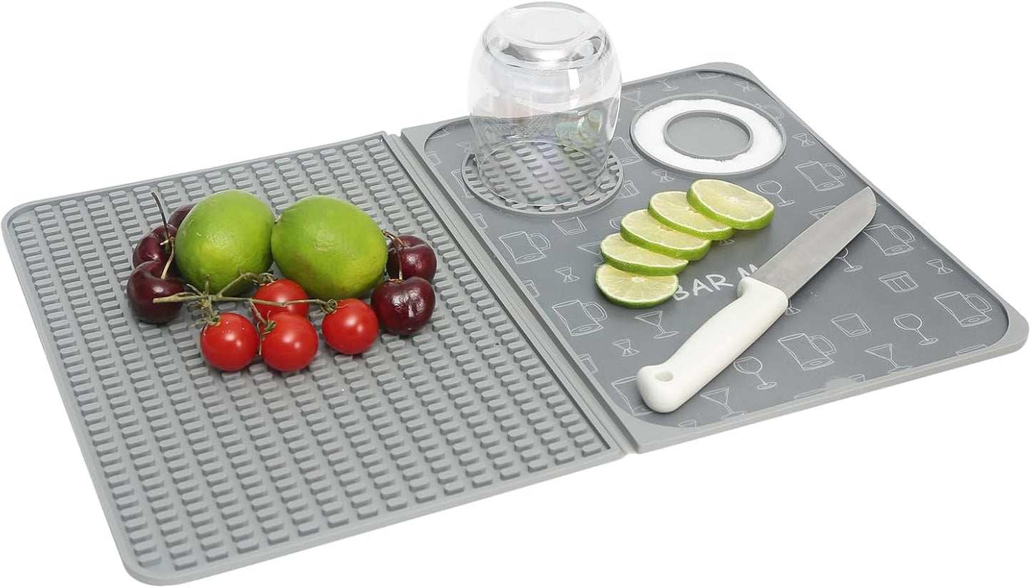 Foldable Bar Mat 18x12 inch - 3-in-1 Silicone Drying Mat with Removable Cutting Board & Rim Tray | Countertop Protector for Home, Outdoor, Travel | Professional Cocktail Accessories (gray)