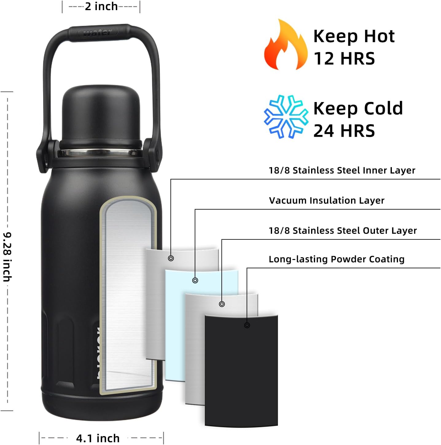 BJPKPK Insulated Water Bottle 40oz Stainless Steel Water Bottles with Handle and Cup Lid Travel Metal Thermos,Black