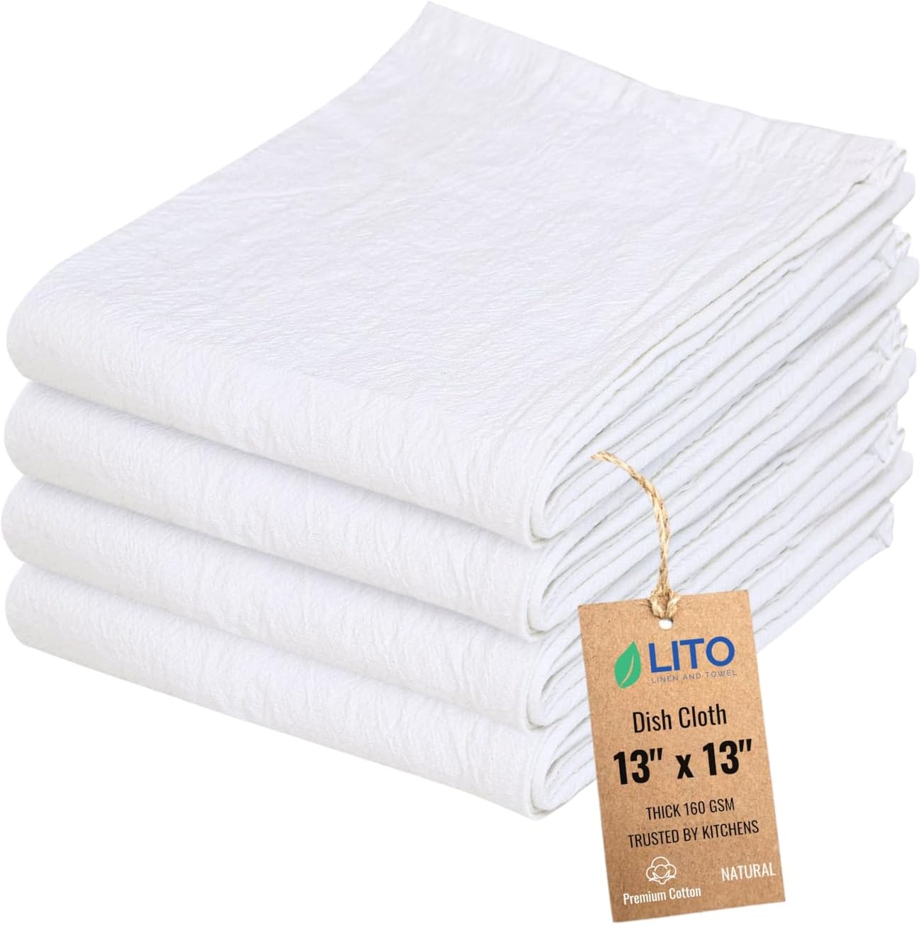 Dish Cloths Cotton| Kitchen Wash Cloth | Shop Towels Absorbent and Lint Free Flour Sack| Dishcloths for Kitchen Washing Dishes| Thick Absorbent Quick Dry Dish Rags | 4 Pack 13"x13" Natural
