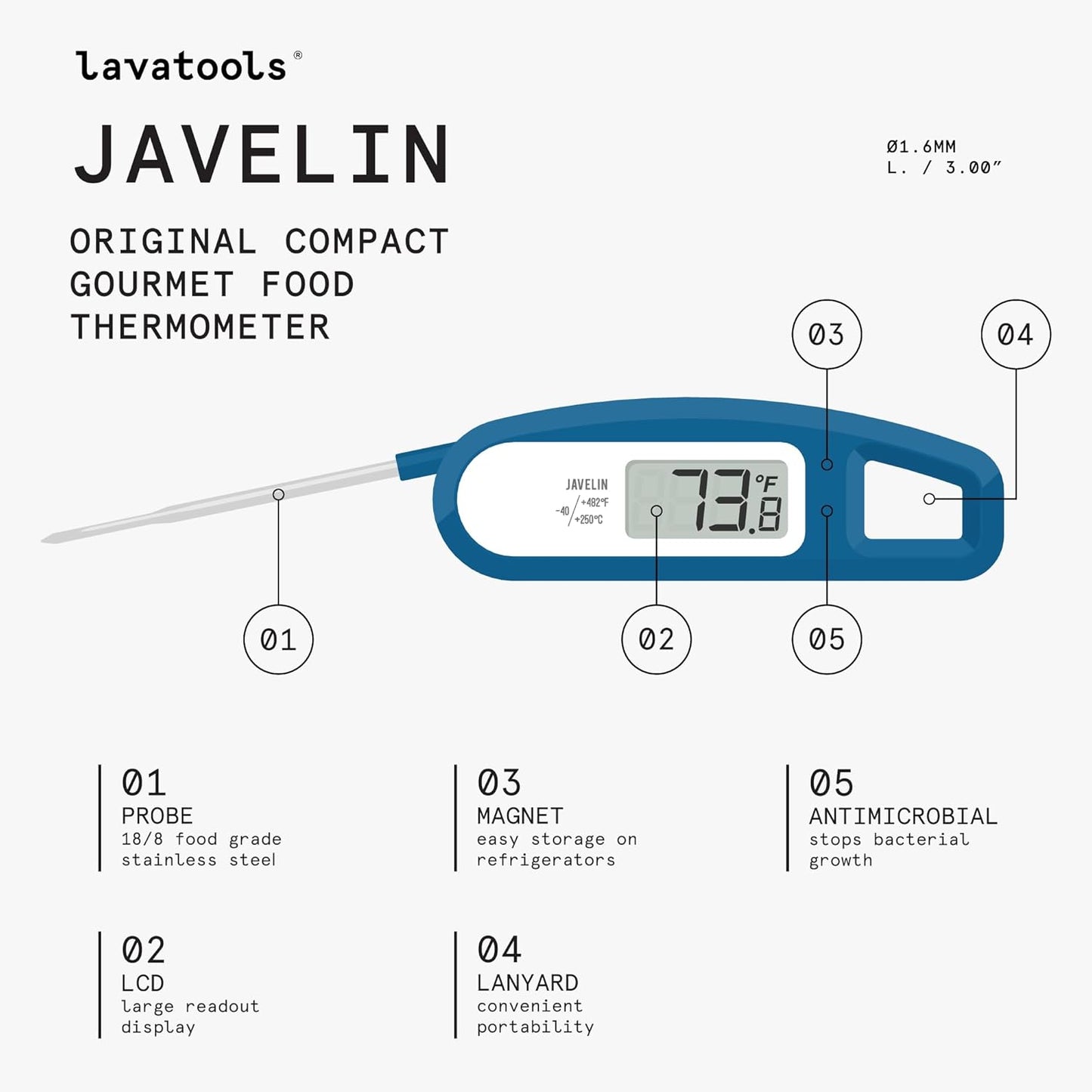 Lavatools Javelin® Ultra-Fast 2-Second Digital Instant Read Meat Thermometer for Grill and Cooking, 2.75" Probe, Compact Foldable Design, Large Display, IP65 Water Resistant, NSF Certified – Tangerine