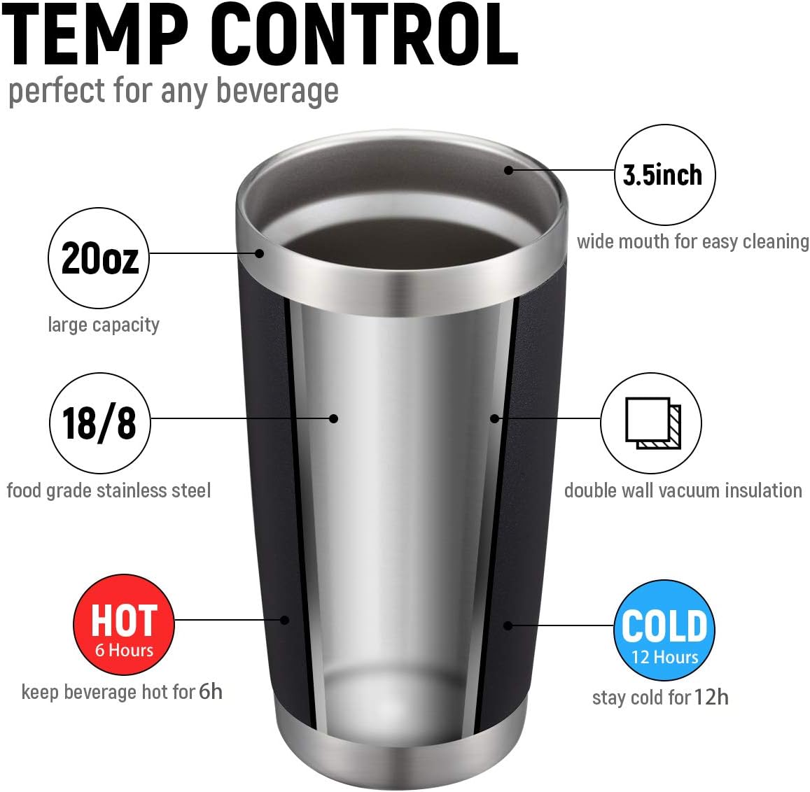 COMOOO 20oz Double Wall Vacuum Insulated Travel Mug, Stainless Steel Tumbler with Lid and Straw Durable Powder Coated Insulated Coffee Cup for Cold & Hot Drinks (Black, 12 pack