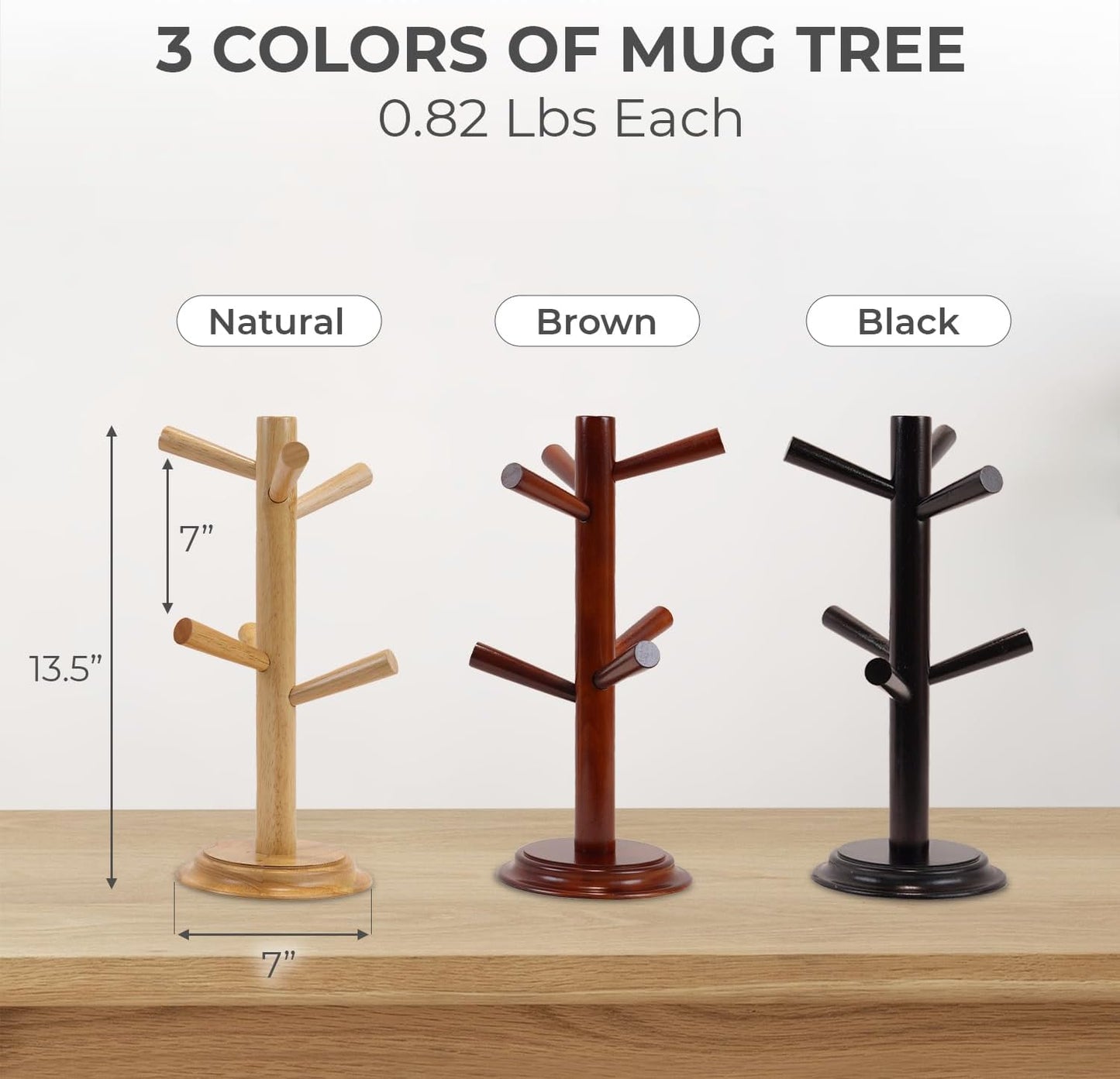 Pack 2 Mug Tree 6 Hooks Rubberwood 13.5"x7"x7", Strudy & Thick Base, Large & Small Cup Holder Tree Wooden for Jewelry, Kitchen Tools, Pantry, Ornaments, Countertop, Table Organizer (Natural)