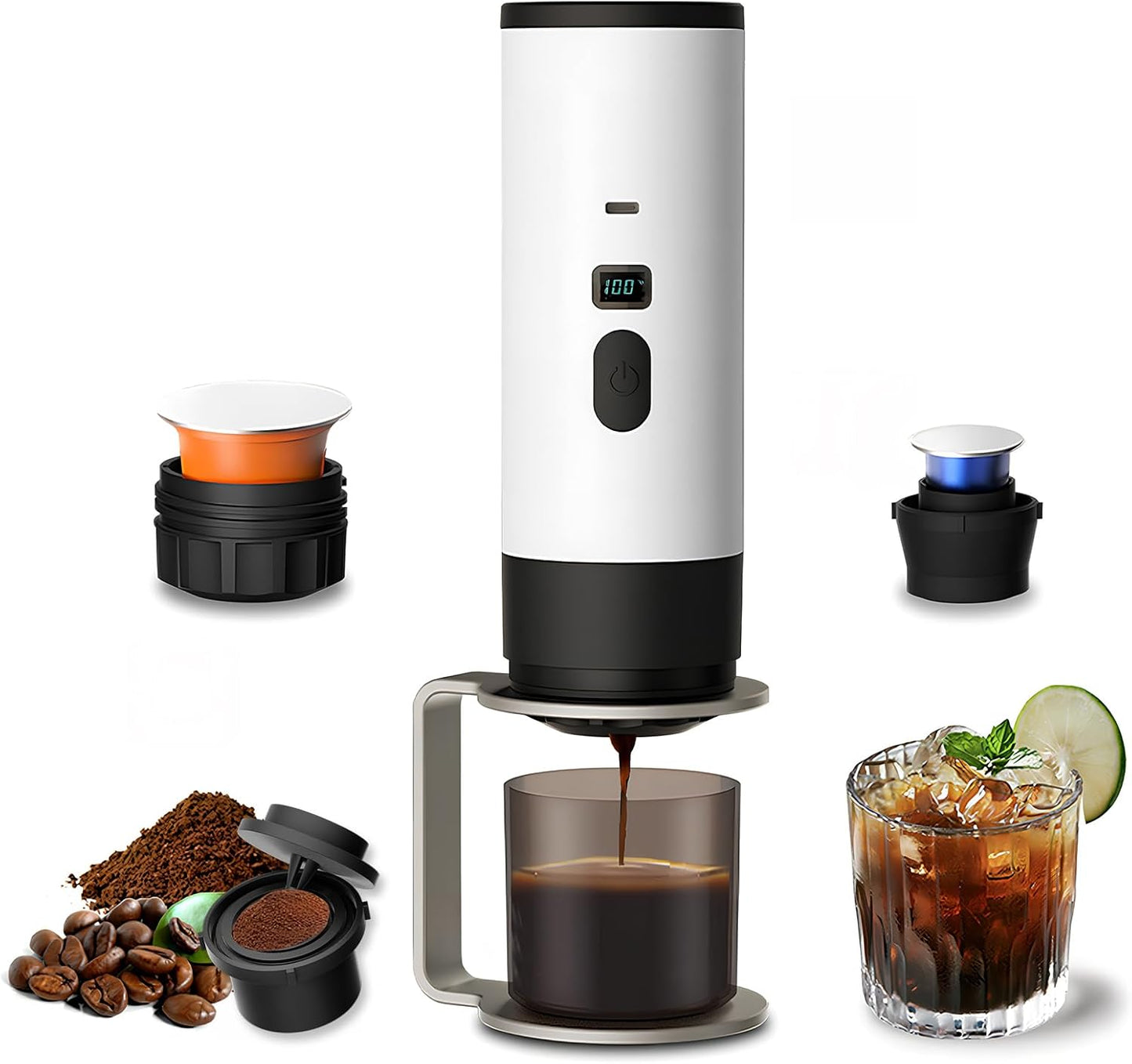 3-in-1 Portable Coffee Maker, Espresso Machine, Self-Heating Travel Coffee Maker Compatible with NS, DG Pods & Ground Coffee, Small Mini Espresso Machine for Car Camping, Hiking With Stand (white)