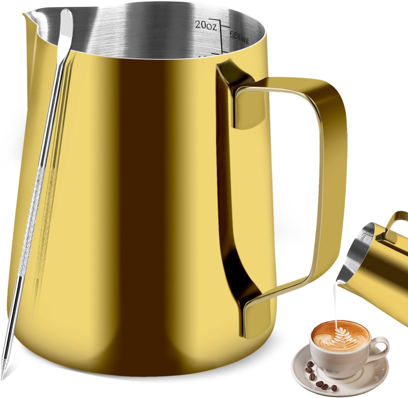 Milk Frothing Pitcher, 20OZ/600ML Stainless Steel Espresso Steaming Pitcher Coffee Milk Frother Cup with Decorating Art Pen for Espresso Machine, Milk Frother, Latte Art