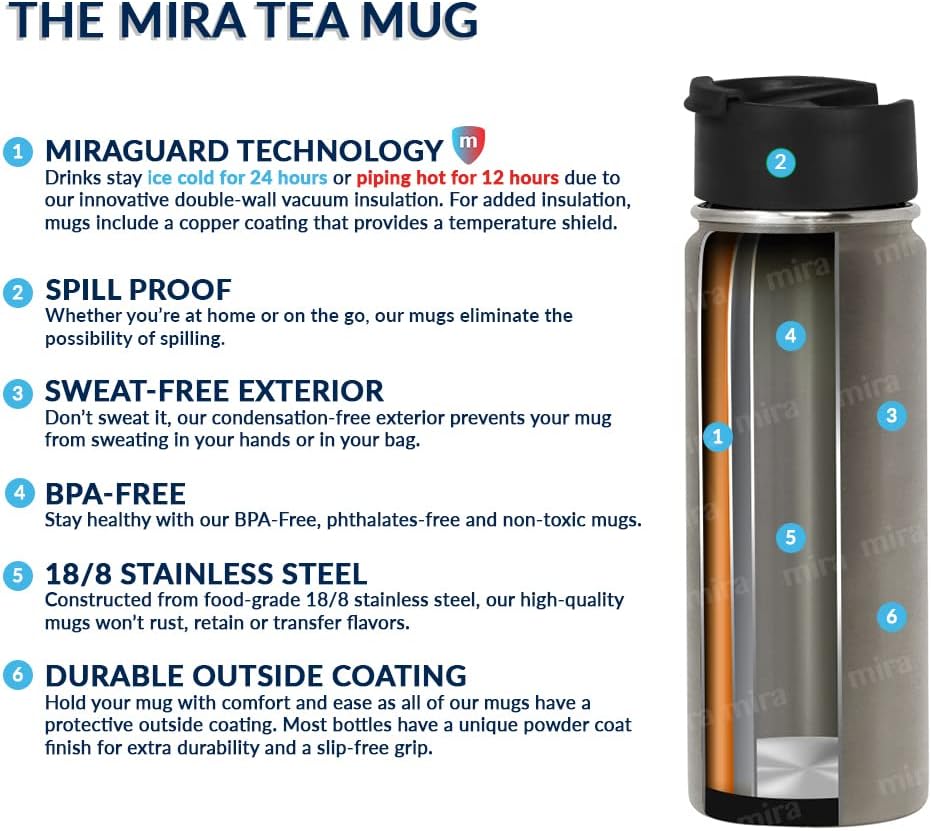MIRA 18 oz Tea Infuser Thermos - Stainless Steel Travel Bottle with Removable Strainer for Loose Leaf Tea - Insulated Hot & Cold Brew Steeper - Pearl Blue