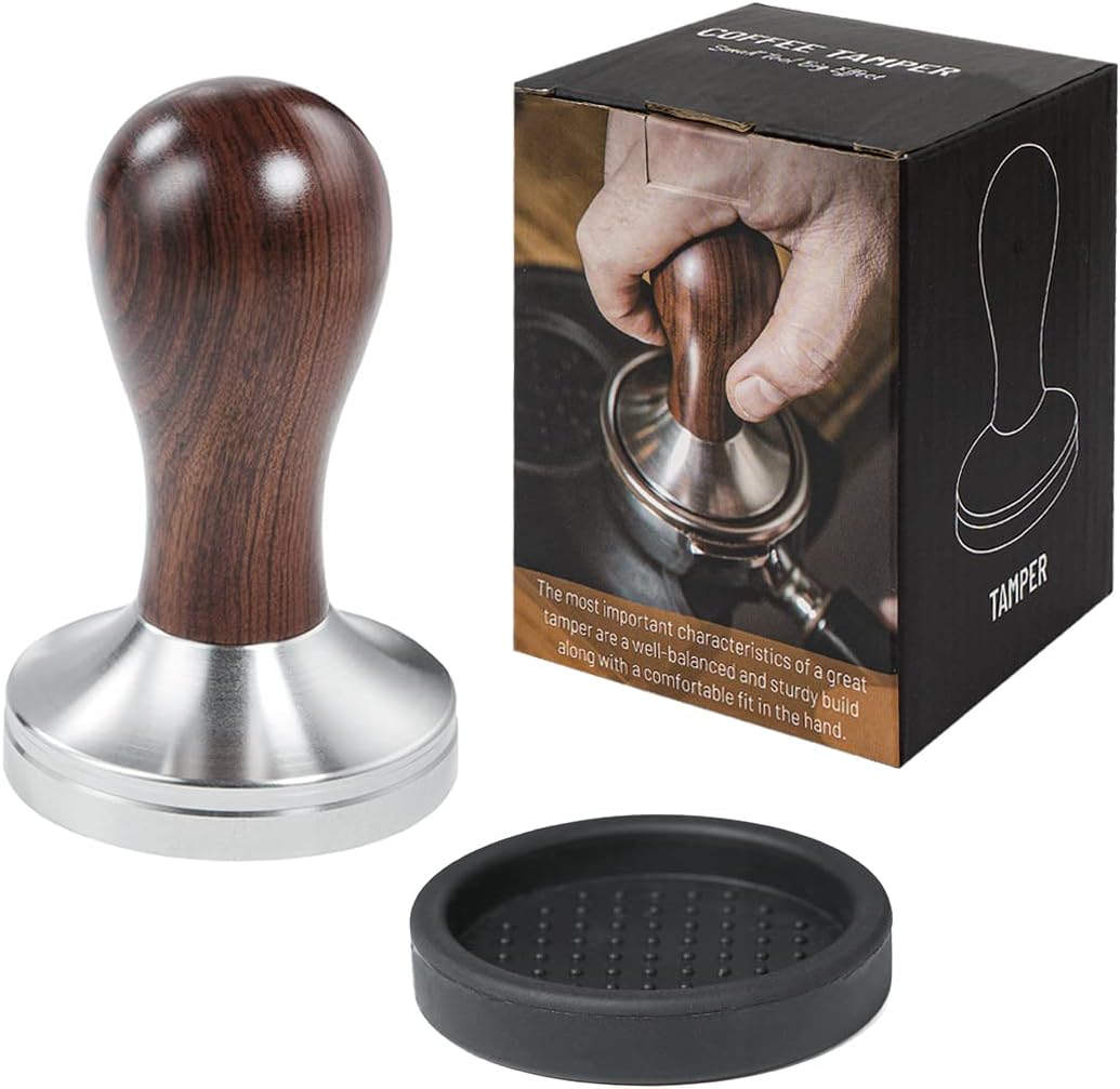 Coffee Tamper Espresso Press with Tamper Mat 304 Stainless Steel Flat Base Wooden Handle for Coffee Grounds Barista Espresso Machines Accessory (58MM)