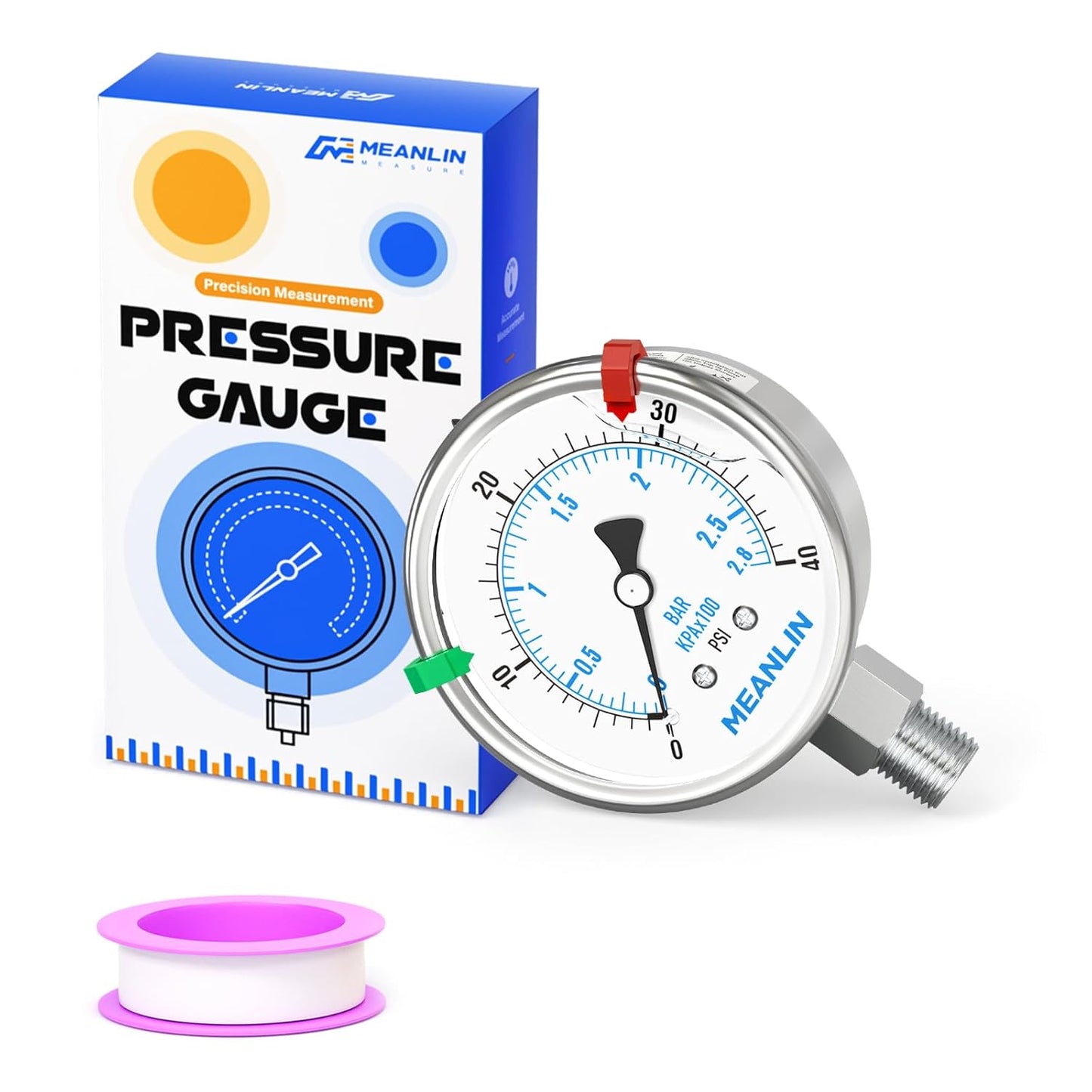 MEANLIN MEASURE 0~40Psi Liquid Filled Pressure Gauge Stainless Steel 2.5" FACE DIAL 1/4" NPT 316 Stainless Steel Joint for Pool Sand Filter Water Oil Air Pressure Test Lower Mount, with 2PCS Snaps