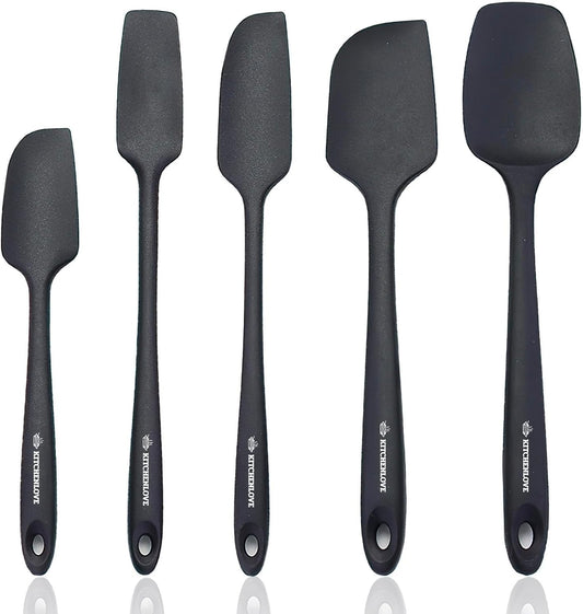 KITCHENLOVE Premium 600¡ÆF Heat Resistant 5 Piece Silicone Spatula Set for Baking, Cooking, Mixing - Non-Stick with High Grade S-Iron Steel Core - One Piece Seamless Design - BPA Free (Black)