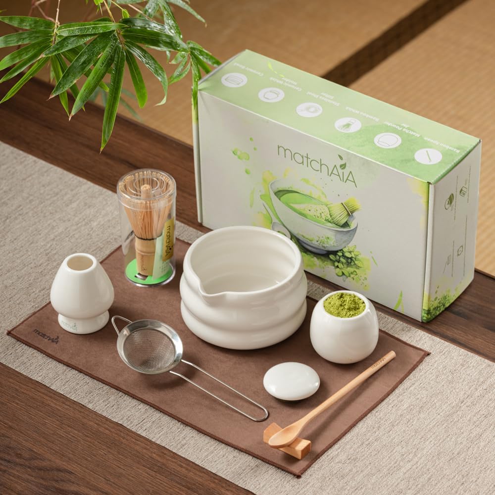 Matcha Whisk 8 Pcs Set - Ceramic Bowl, Bamboo Whisk with Holder, Canister, Sifter, Schima Spoon, Spoon Rest and Tea Towel, Complete Kit for Traditional Matcha and Modern Lattes (Glossy White)