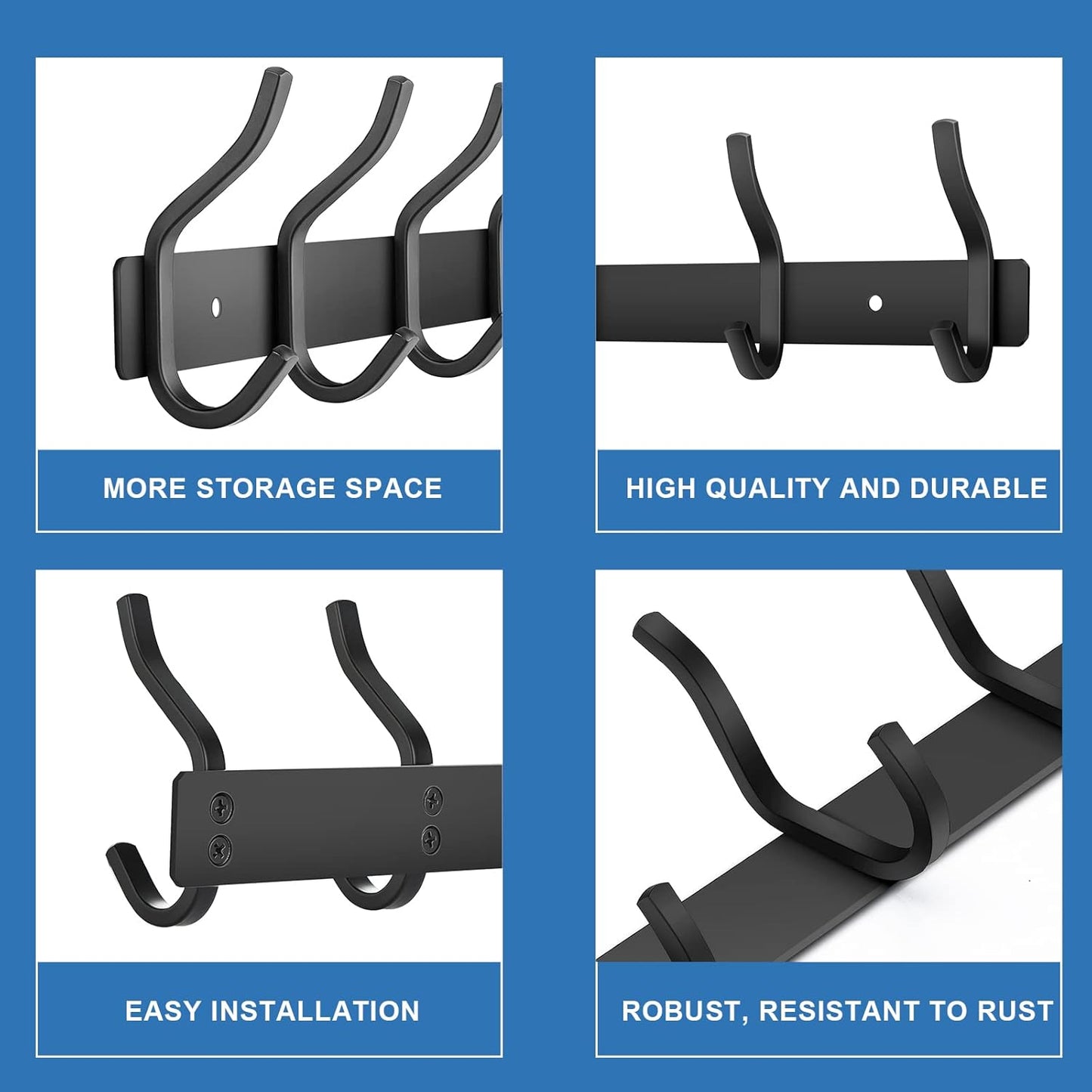 Wall Hooks Heavy Duty, 17 Inch Coat Rack Wall Mount with 6 Hooks, Black Wall Hooks for Hanging Backpack, Bag, Purse, Clothes, Hat, Coat, Towel | Entryway & Bathroom Storage Organization Hanger