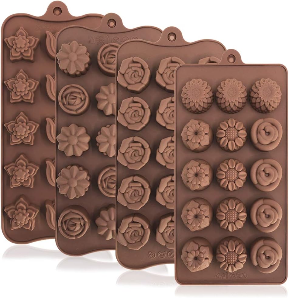 4 Pack Flower Shape Silicone Molds Chocolate Candy Mold, DanziX Silicone Mold for Wedding,Festival, Parties, DIY Enthusiasts-15 Cavity
