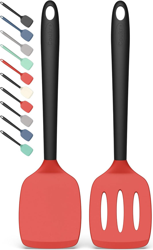Coukre 2 Pack Silicone Spatula Set, High Heat Resistant, BPA Free Kitchen Spatula, Solid & Slotted Turner for Non-Stick Pans, Saut?ing, and Flipping (2, Red)
