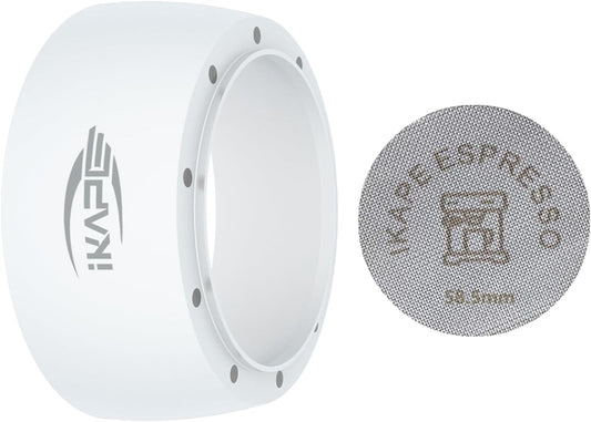 IKAPE Magnetic Dosing Funnel Set, 58MM Espresso Dosing Ring & Puck Screen Kit Compatible with 58MM Bottomless Portafilter - with 10 Small Magnet (White)
