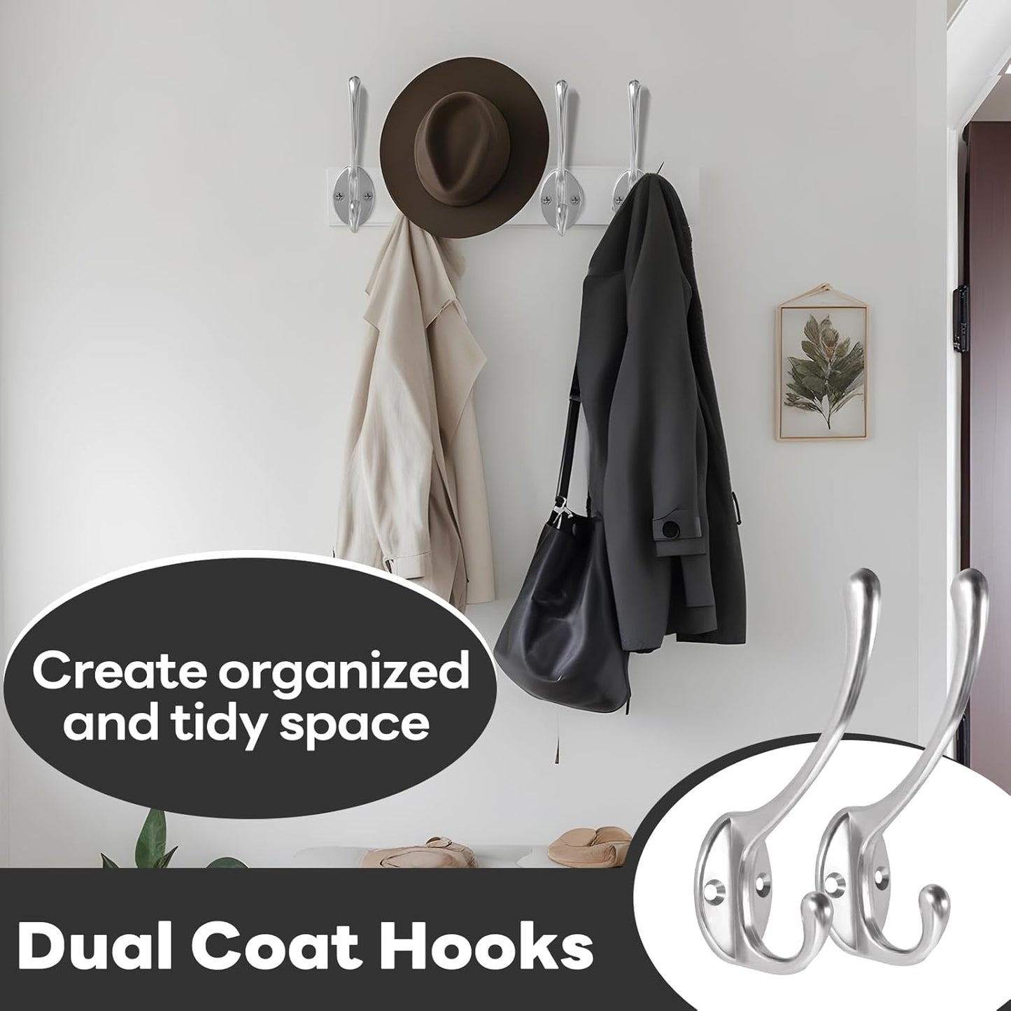 Wall Hooks for Hanging, 10-Pack Heavy Duty Metal Coat Hooks, for Living Room, Bathroom, Kitchen, Bedroom for Towel, Hat, Key, Closet, Bag (Silver)
