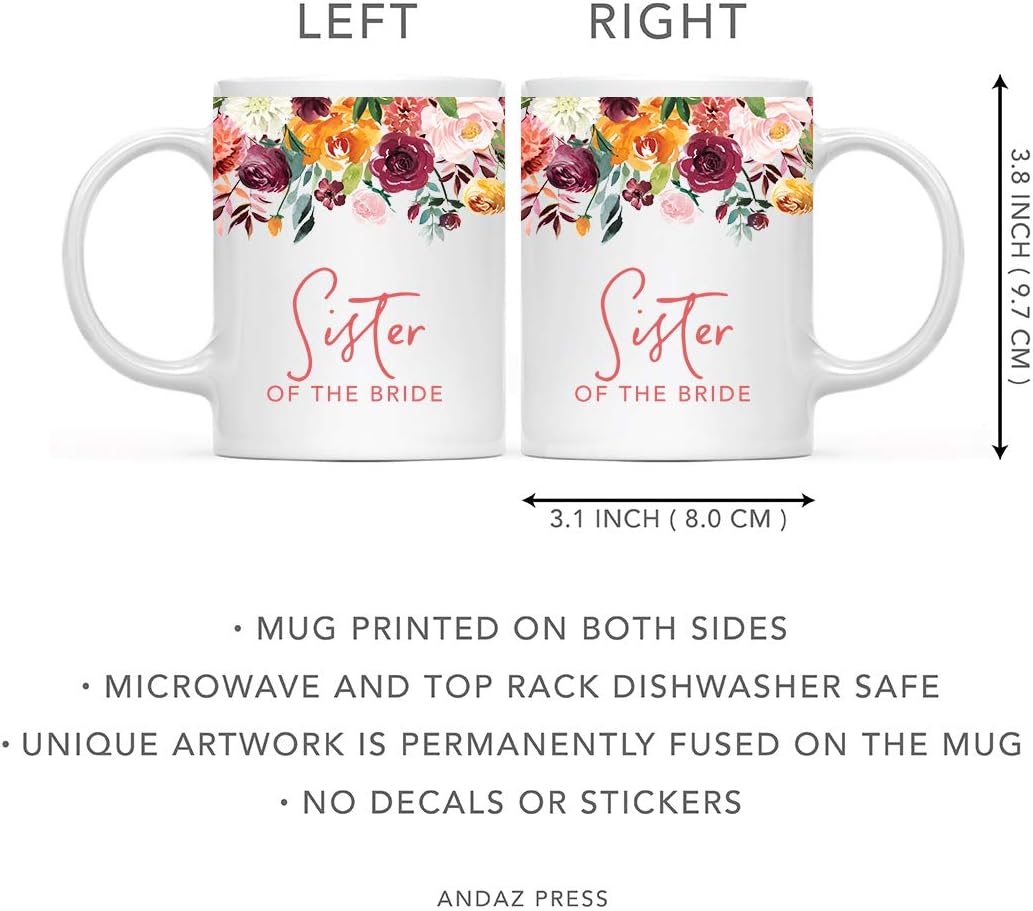 Andaz Press 11oz. Wedding Ceramic Coffee Tea Mug Gift, Fall Autumn Burgundy Orange Peach Flowers Roses Florals, Sister of the Bride, 1-Pack, Includes Gift Box