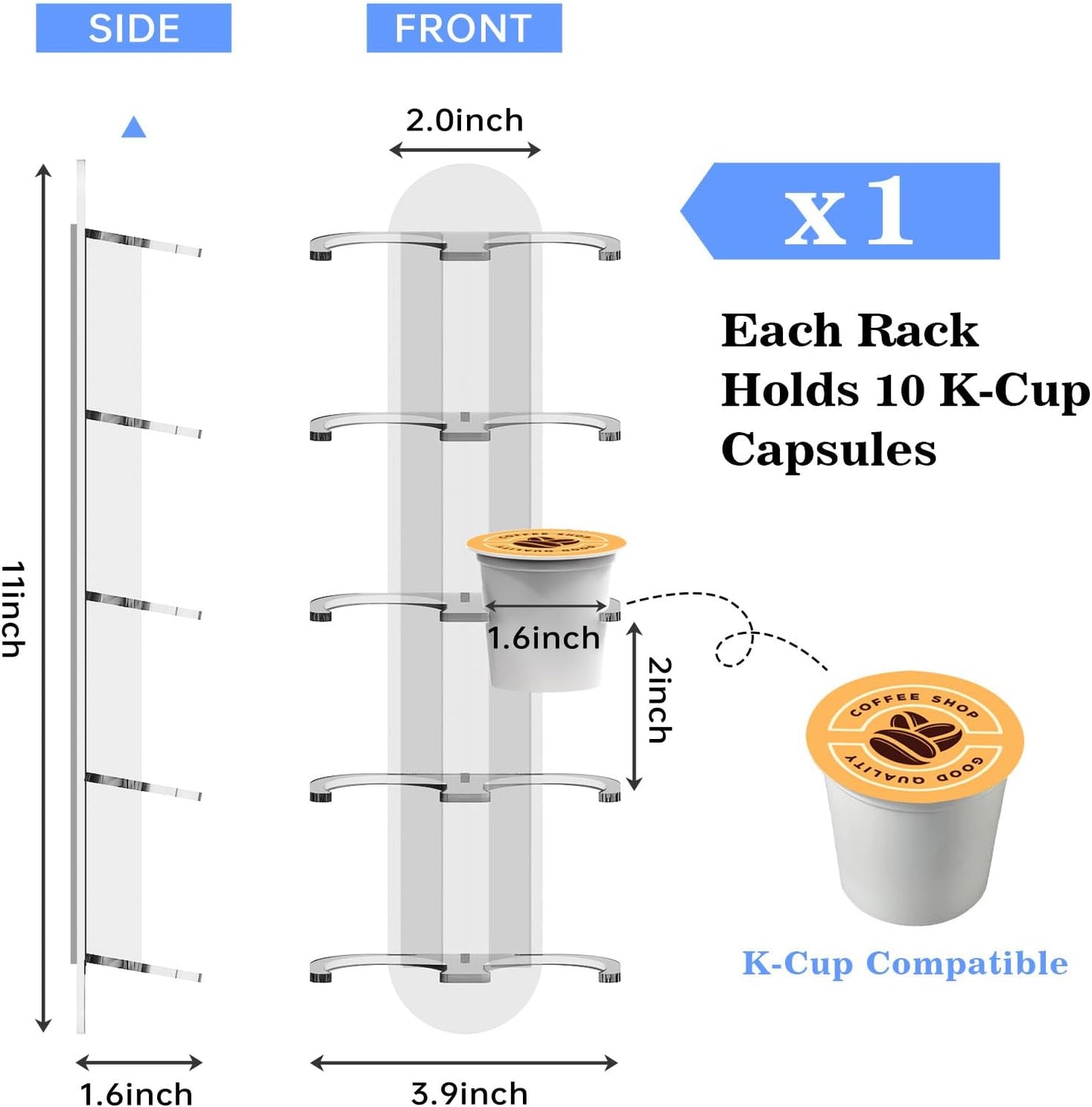 NiHome Acrylic Coffee Pod Holder for Keurig, Side Mount Coffee Pod Capsule Organizer & Storage for K-Cup Pods, Space-Saving for Small Countertops (Clear, 1 Pack for 10 K Cups)