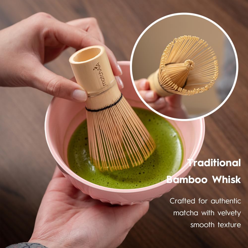 6 Pcs Matcha Set - Ceramic Bowl with Spout, Matcha Whisk with Holder, Tea Powder Canister, Sifter and Spoon, Complete Kit for Traditional Matcha, Modern Lattes, and Tea Ceremonies (Pink)