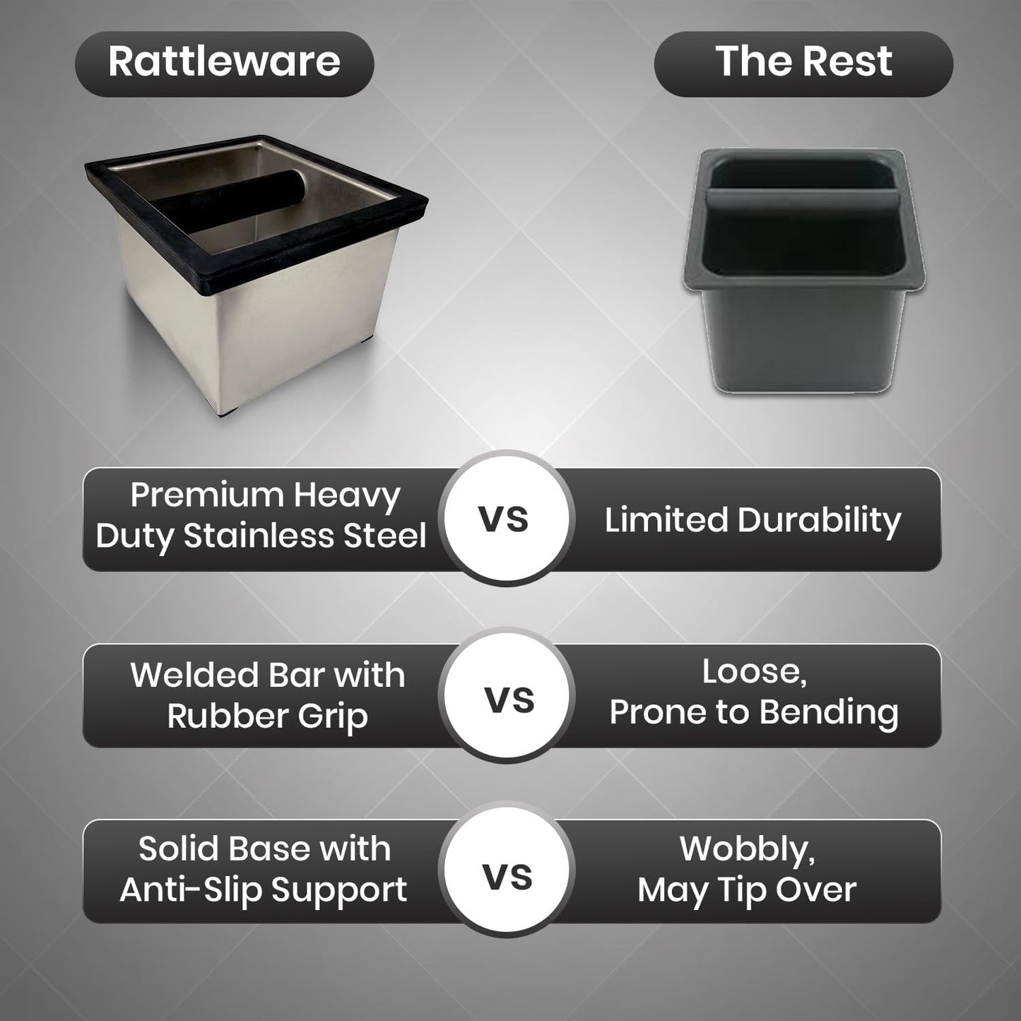 Rattleware Stainless Steel Knock Box - Ideal for Home, Cafe, Restaurant, Hotel, Office, or Commercial Establishment - Heavy Duty Knock Box Trusted By Baristas Worldwide (6" x 5.5" x 4")
