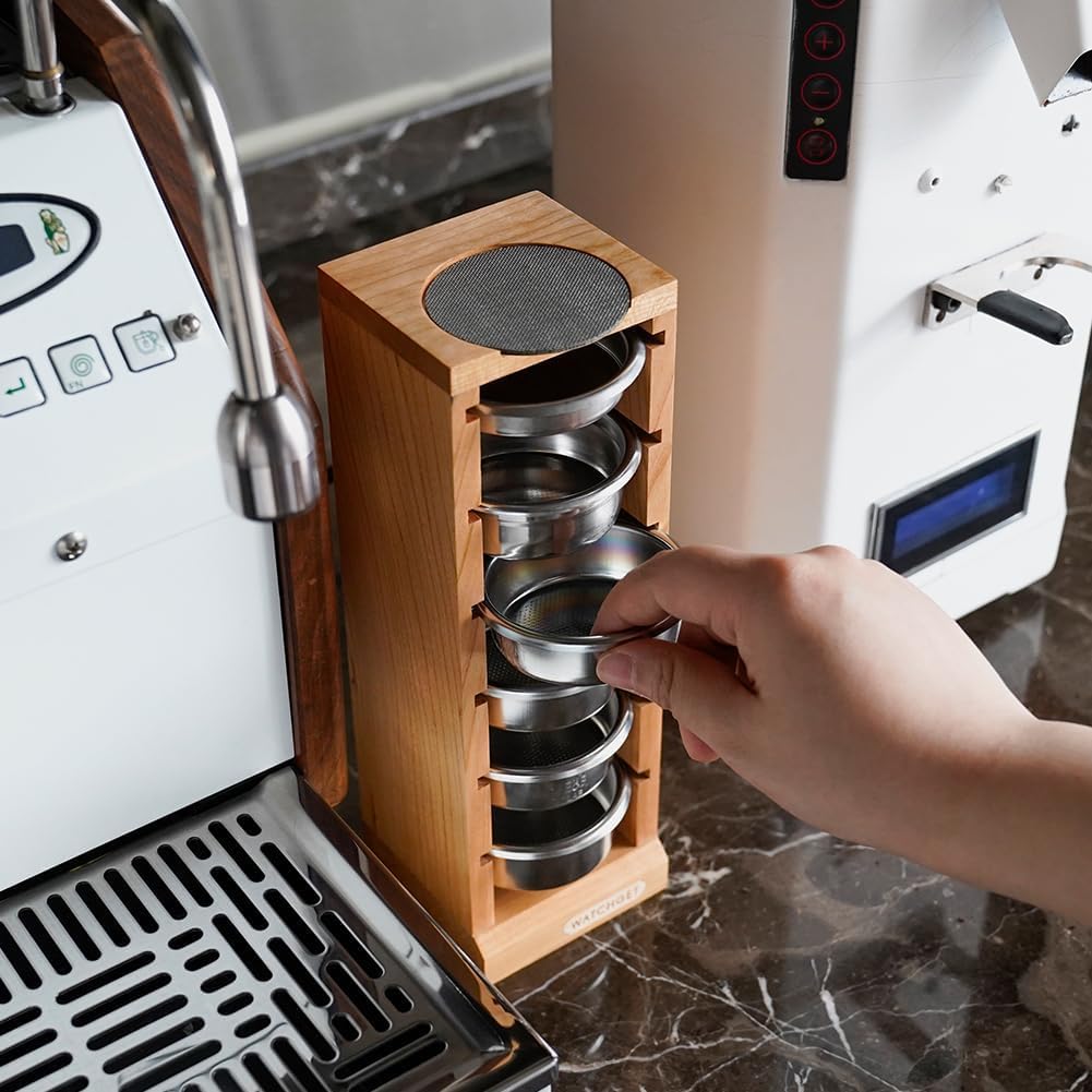 watchget Espresso Filter Basket Stand Portafilter Filter Basket Holder Rack Wooden Espresso Portafilter Precision Basket Storage Stand for 58mm Espresso Machines and Coffee Puck Screen (Cherry Wood)