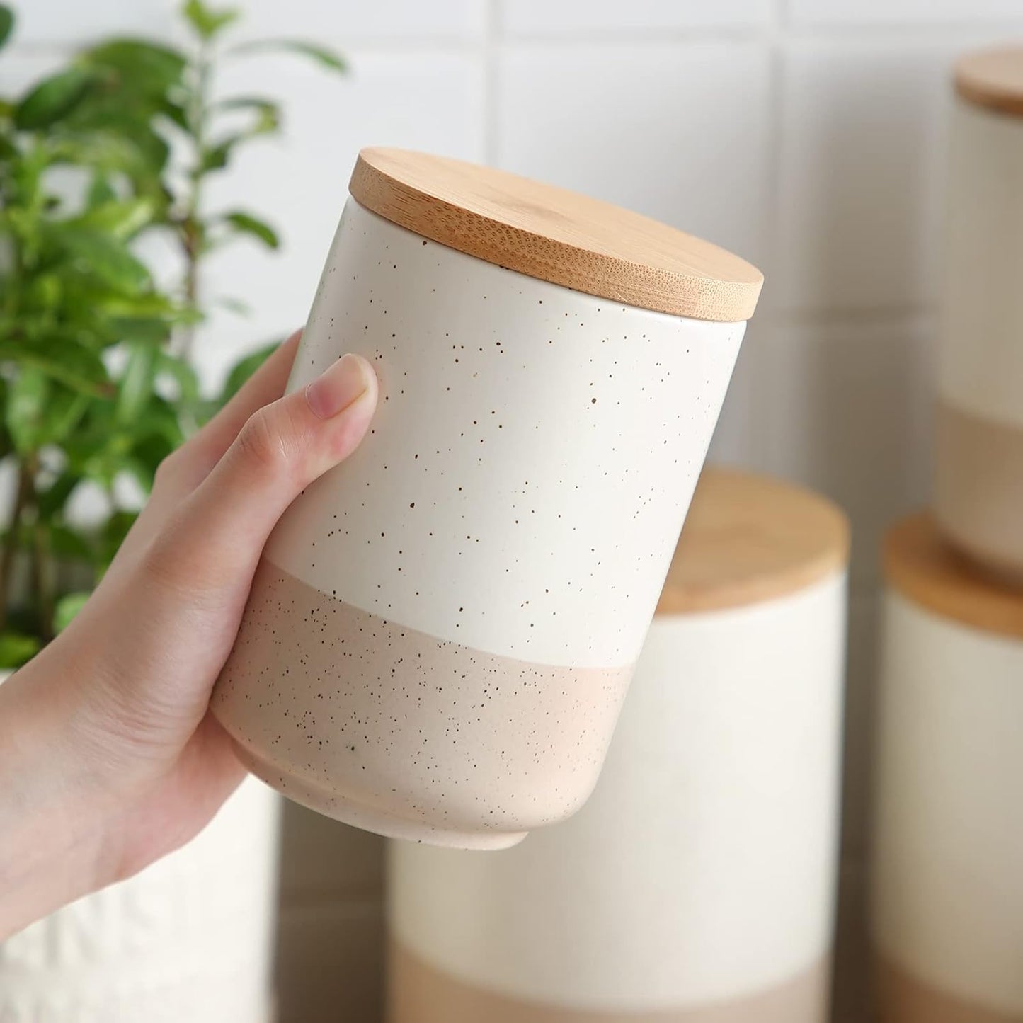 vancasso Sabine Small Ceramic Canister with Airtight Wood Lid - 18 oz Kitchen Storage for Coffee, Sugar, Tea & Spices - Compact Countertop Jar