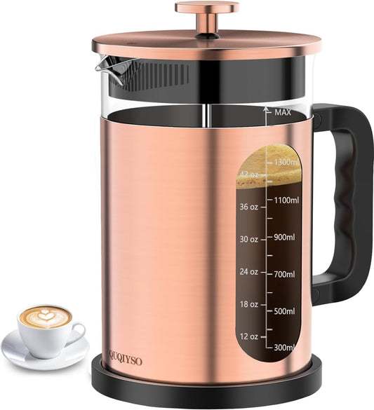 QUQIYSO French Press Coffee Maker 51oz 304 Stainless Steel French Press with 4 Filter, Borosilicate Glass Coffee Press