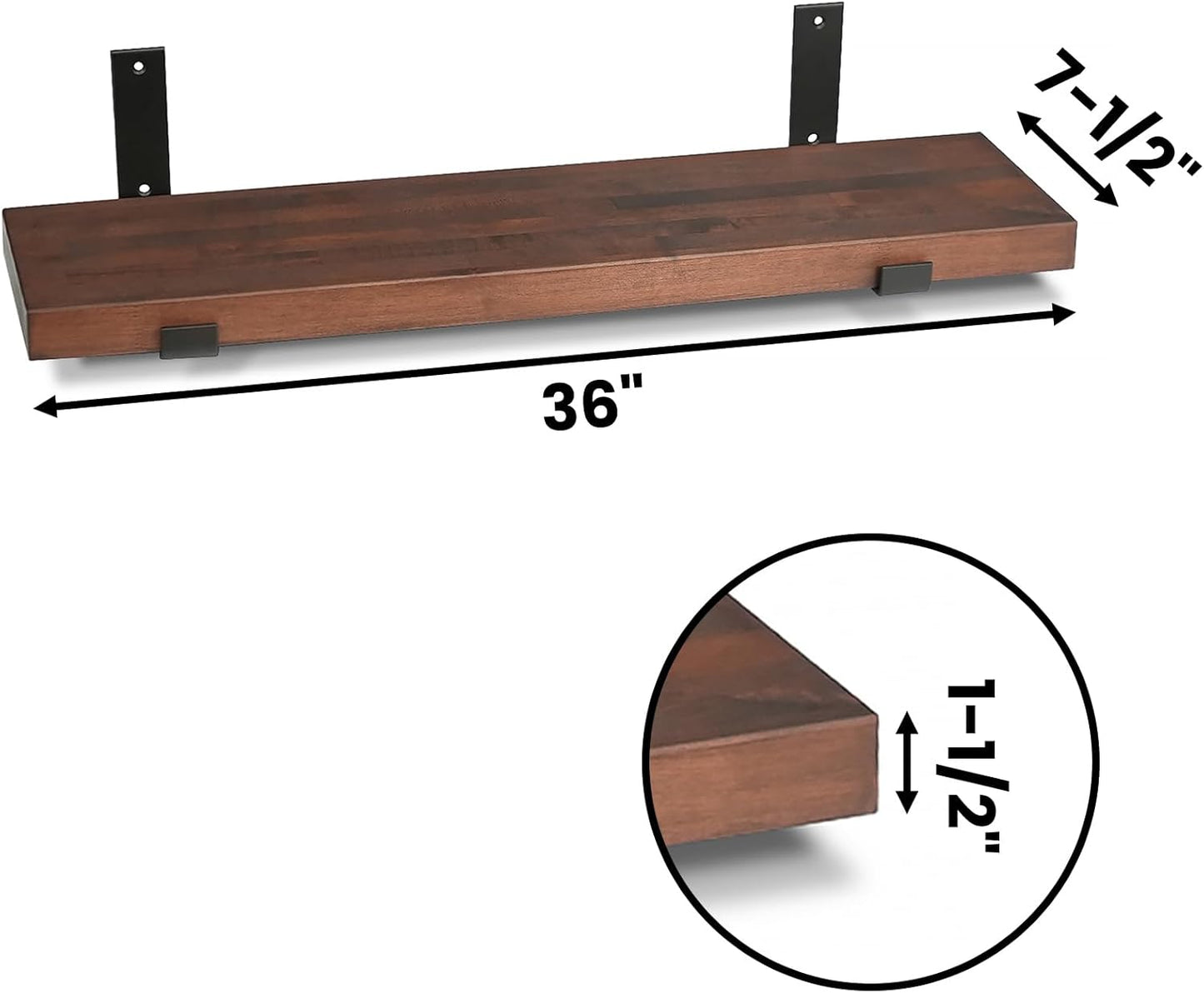 CONSDAN Floating Shelf for Wall Mounted Book Shelf Hanging Shelves Floating Bookshelf for Bedroom, Bathroom, Living Room, Kitchen USA Grown Solid Hardwood, Dark Maple 36x7.5x1.5 in