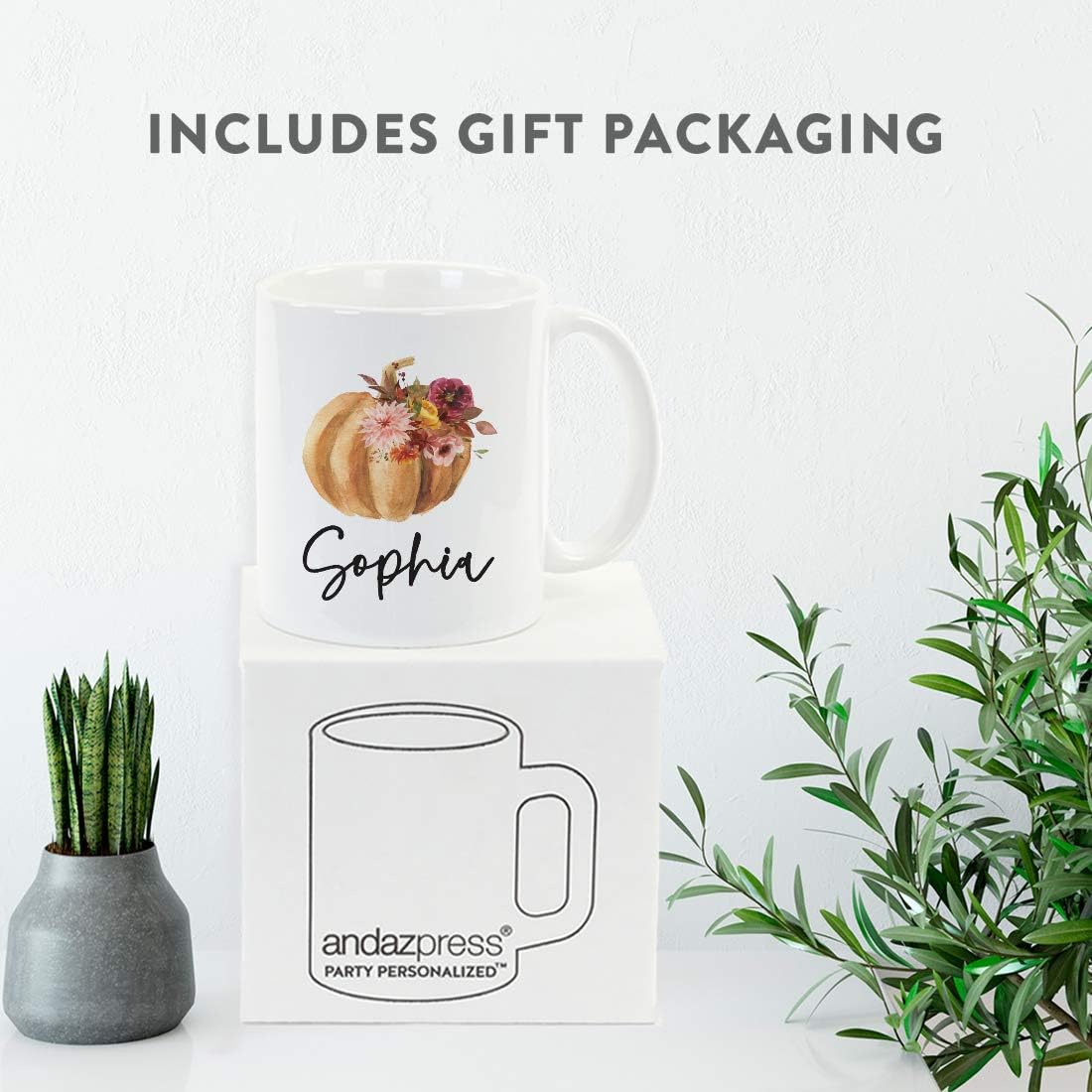 Andaz Press Personalized Fall Burgundy Marsala 11oz. Ceramic Coffee Tea Mug, Custom Name, 1-Pack, Pumpkin Floral Graphic, Birthday, Friend, Family, Coworker, Autumn Season, Festive Thanksgiving Ideas