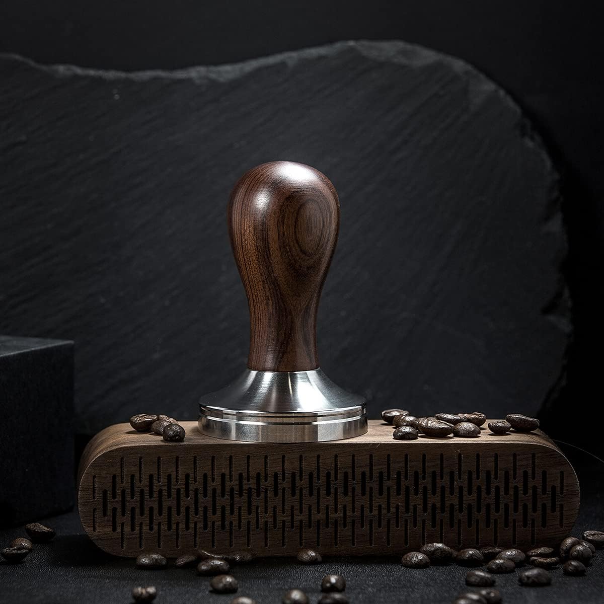 Coffee Tamper Espresso Press with Tamper Mat 304 Stainless Steel Flat Base Wooden Handle for Coffee Grounds Barista Espresso Machines Accessory (58MM)