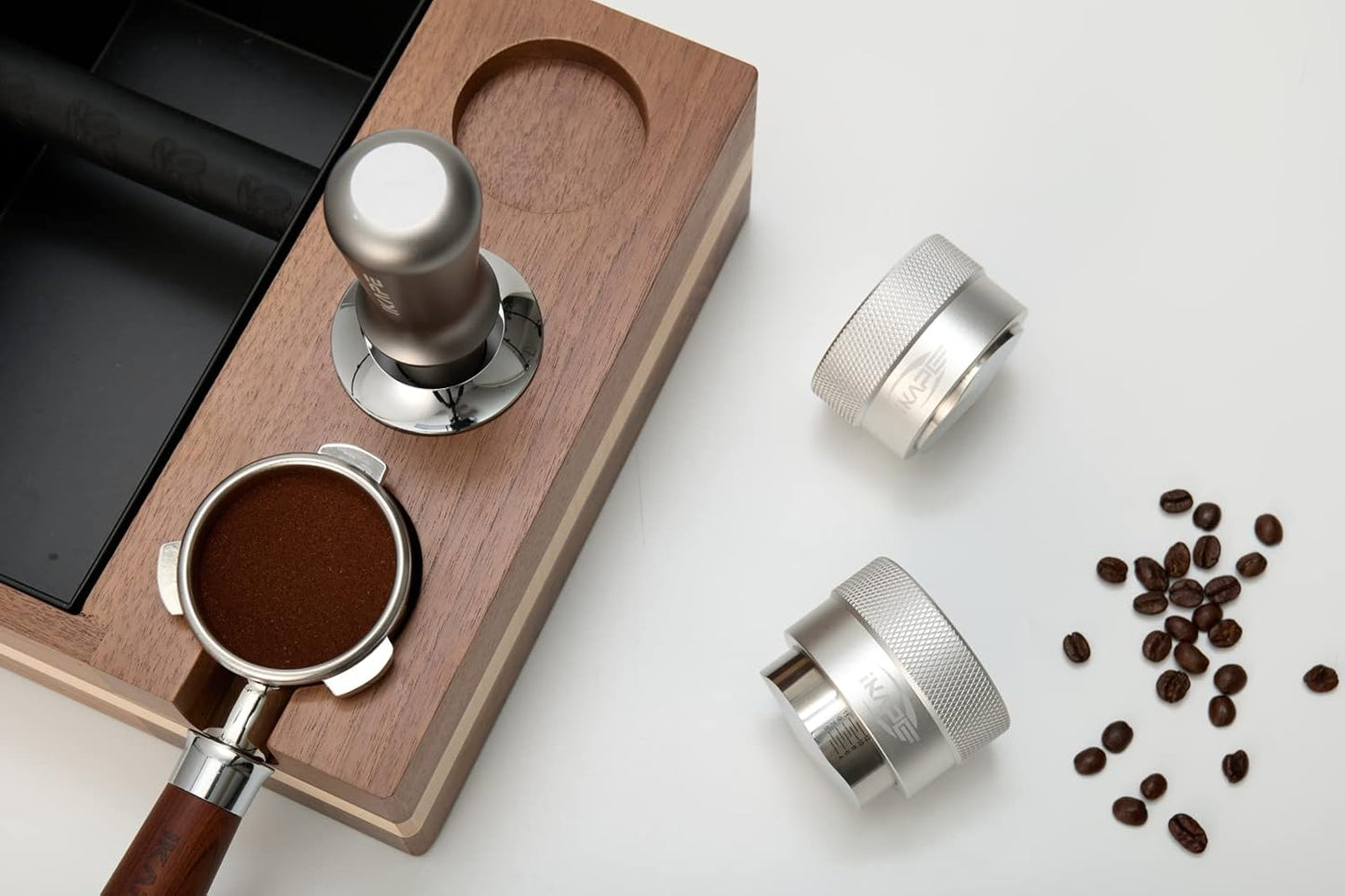 IKAPE Coffee Products, 51MM Coffee Distributor, Gravity Adaptive Espresso Distributor Fits All 51MM Espresso Portafilter, Compatible with 51MM Delonghi Bottomless Portafilter (Silver)