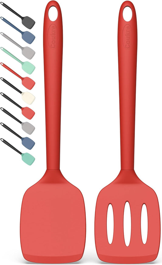 Coukre 2 Pack Silicone Spatula Set, High Heat Resistant, BPA Free Kitchen Spatula, Solid & Slotted Turner for Non-Stick Pans, Saut?ing, and Flipping (2, PureRed)